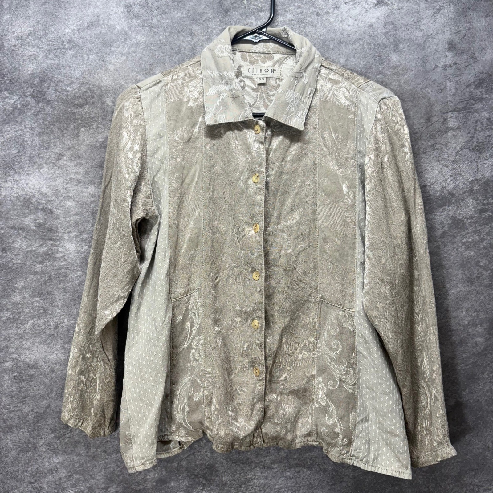 Citron Santa Monica Jacquard Brocade Button Up Blouse Size XS Mixed Media Floral