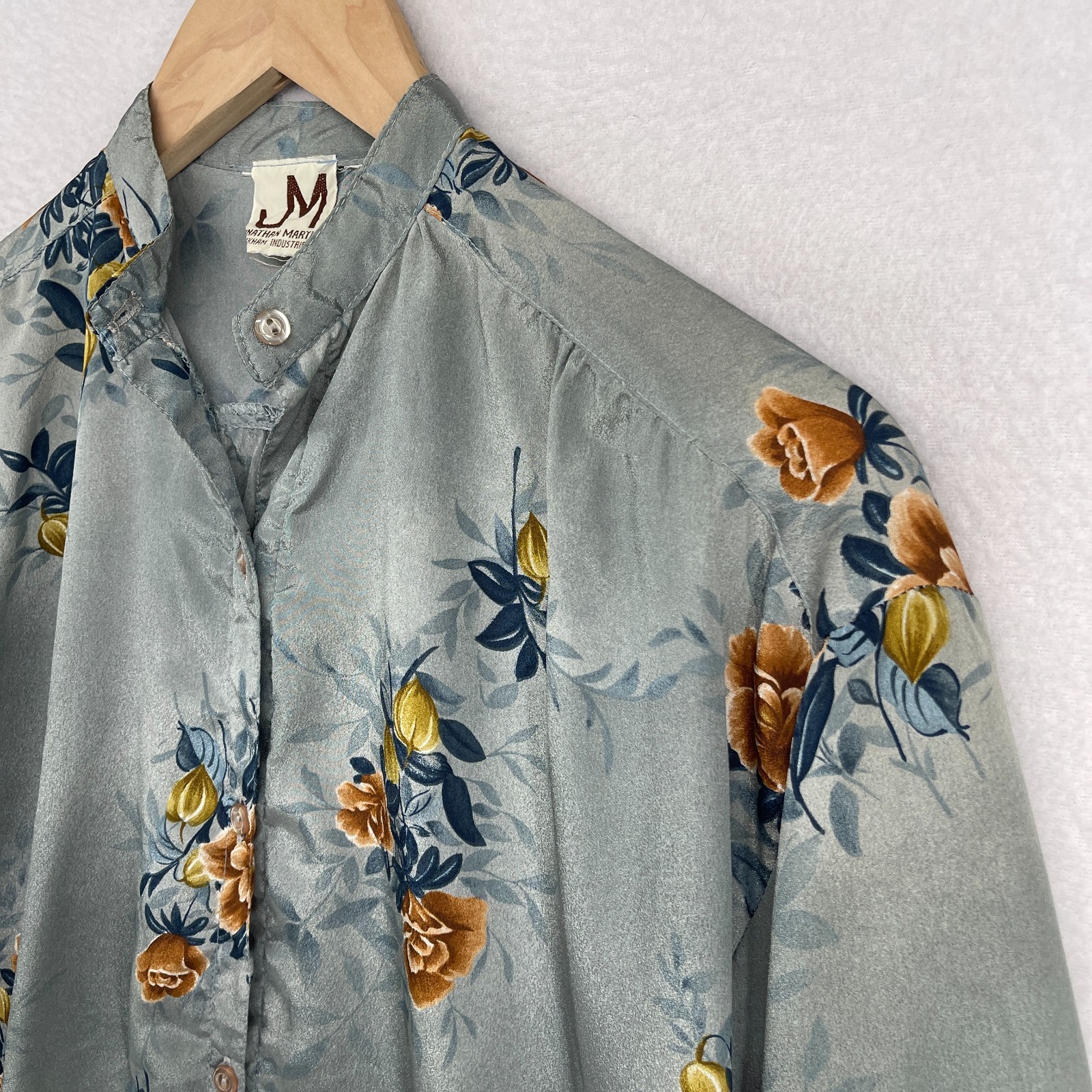 JONATHAN MARTIN Top Womens L Floral Mandarin Silk Crepe de Chine Button Up Blue