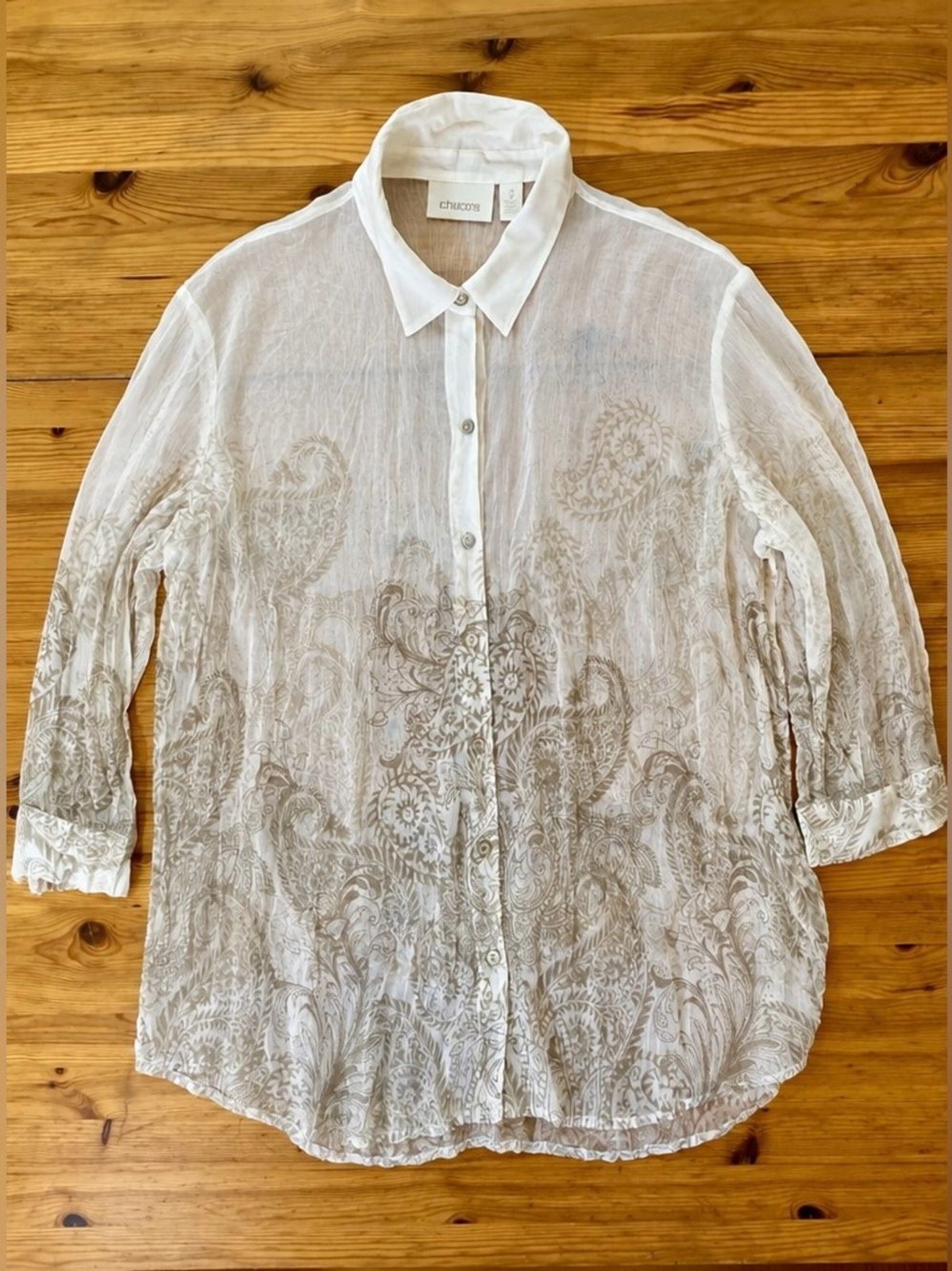 Chico’s Sheer Paisley Burnout Button Down Blouse Boho Romantic Western Size XL