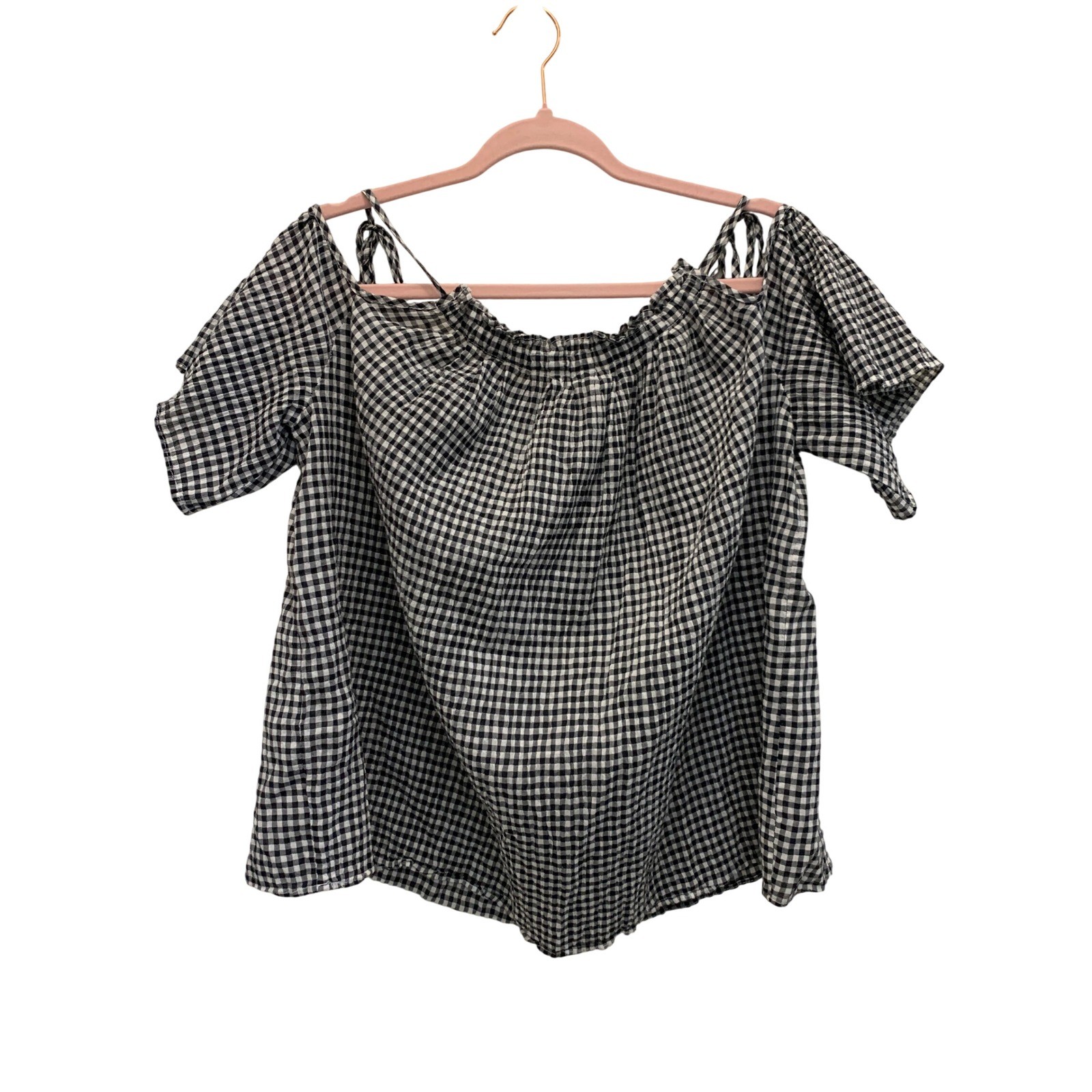 Max Studio Womens Small Black White Gingham Off Shoulder Tie Strap Top Cotton