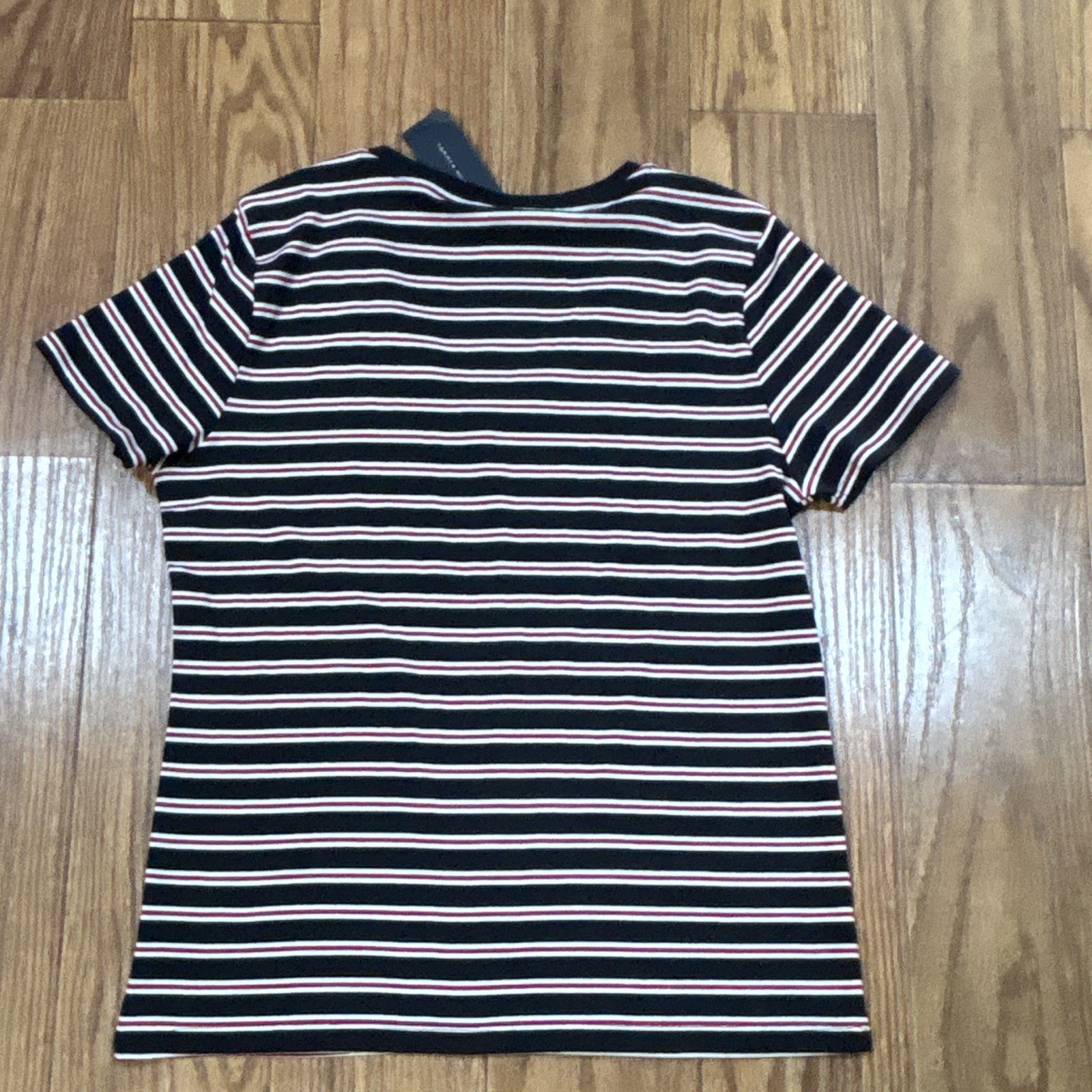 Tommy Hilfiger Women XL Black White Red Striped V-Neck Stretch Knit T-Shirt Logo