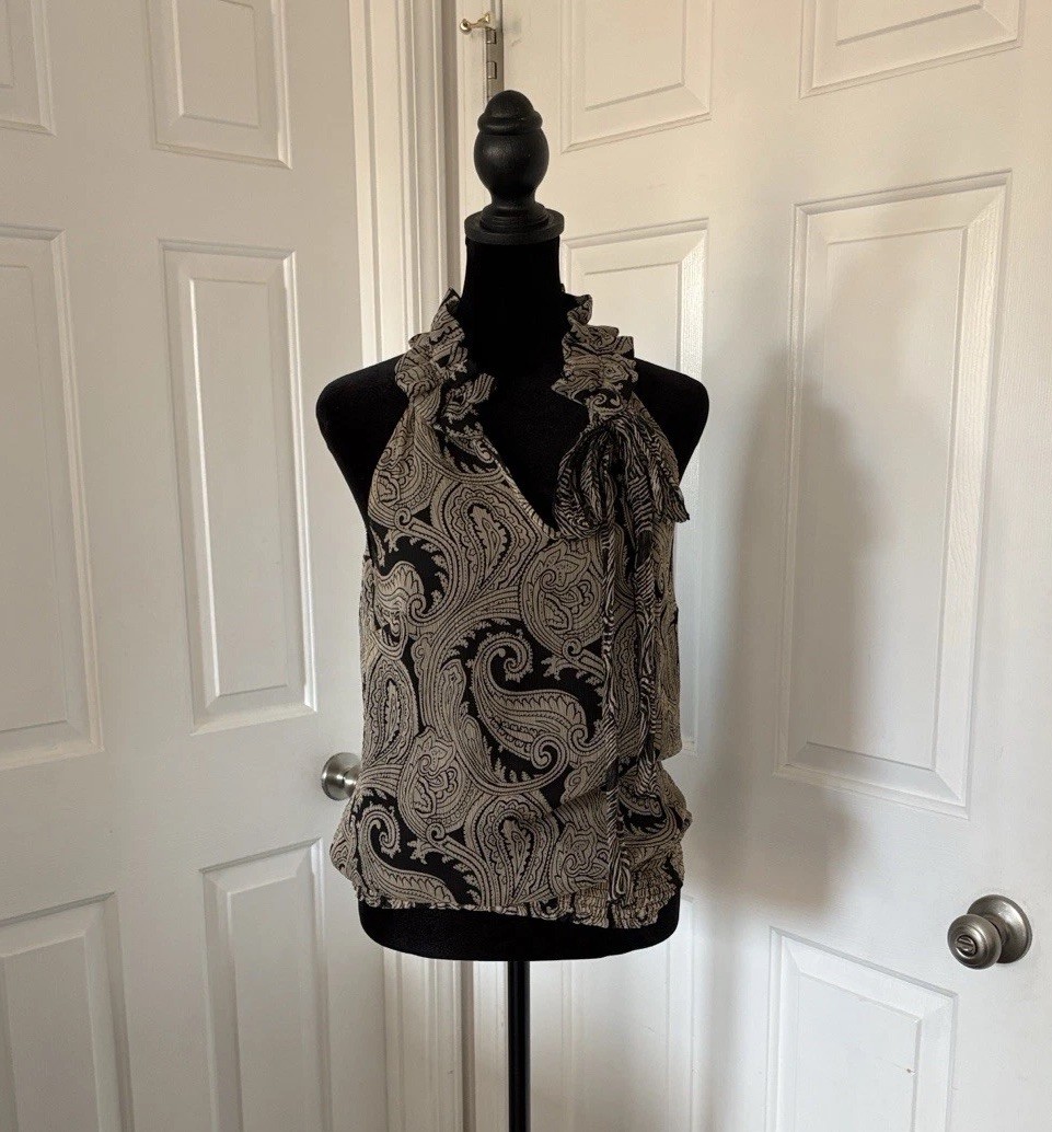 Elena Solano Paisley Silk Chiffon Sleeveless Blouse with Smocked Waist