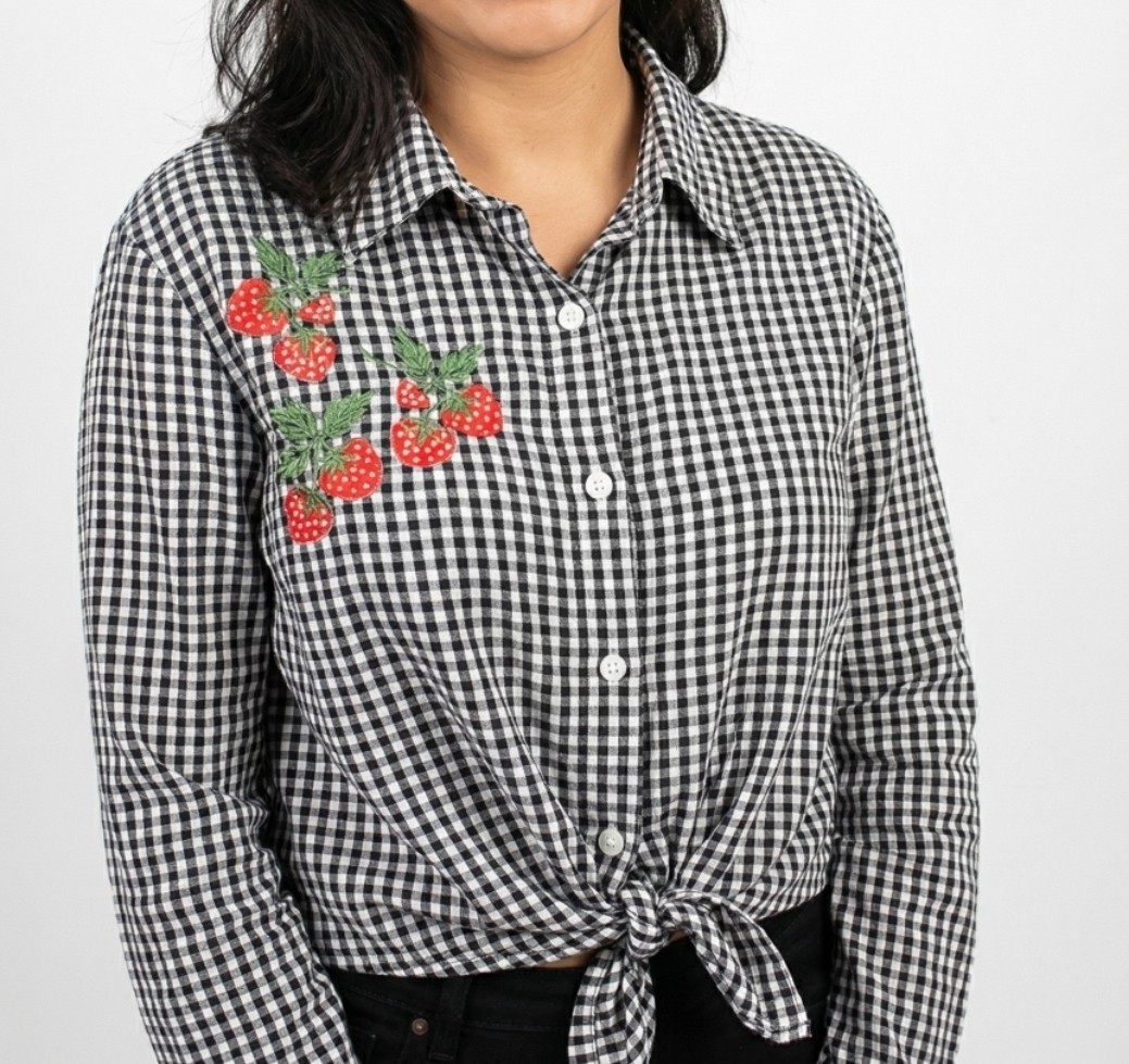 VINTAGE 40S 40S GINGHAM BLOUSE STRAWBERRIES SZ XL 14 16