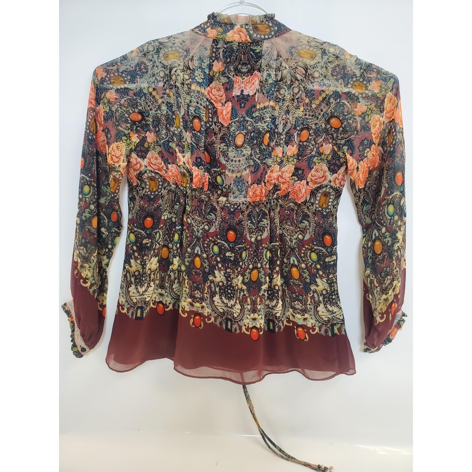 Romantic Boho Chiffon Blouse Womens 4 Burgundy Multicolor Sheer Floral Flowy Top