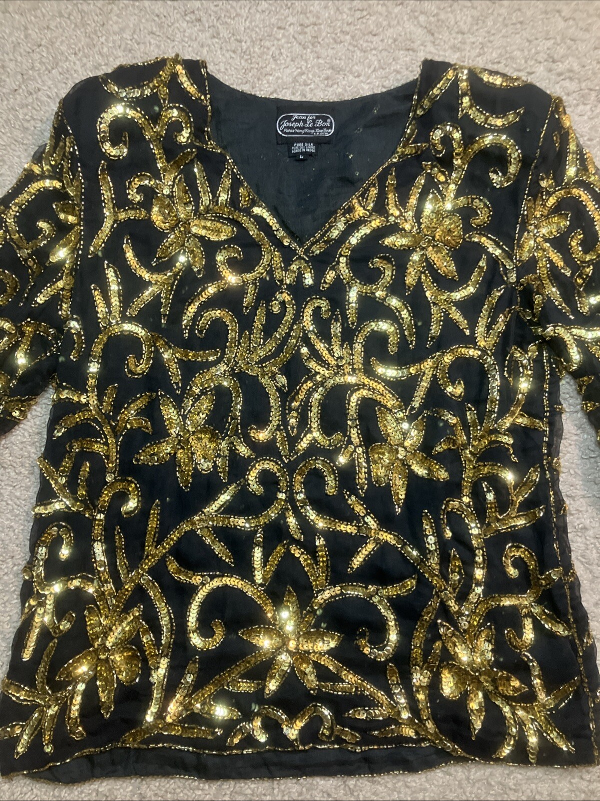 Jean for Joseph Le Bon Vintage Silk Beaded Sequin Formal Blouse Black Gold Sz L