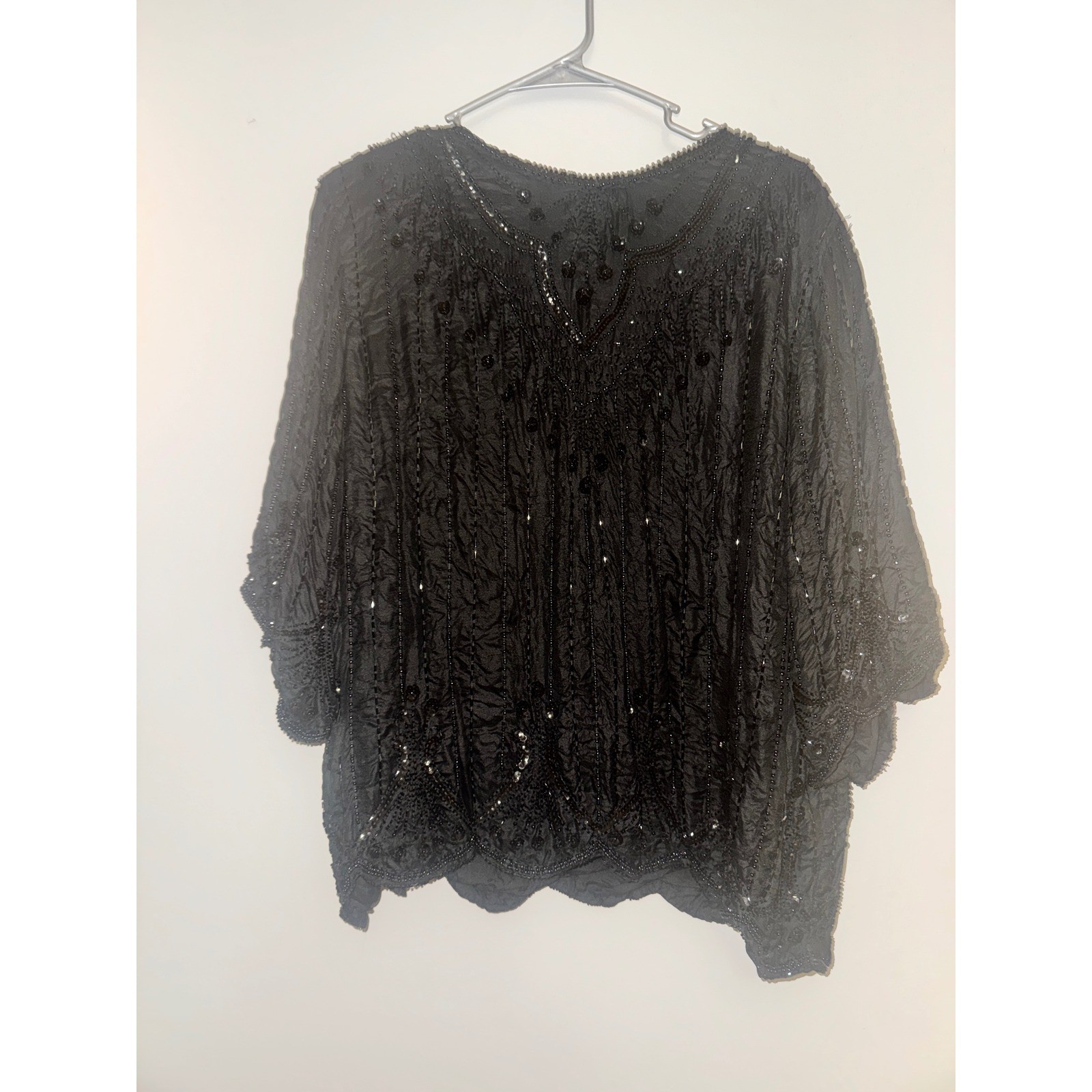 Vintage Royal Black Beaded Sequin Blouse Flutter Sleeve Evening Top Silk.