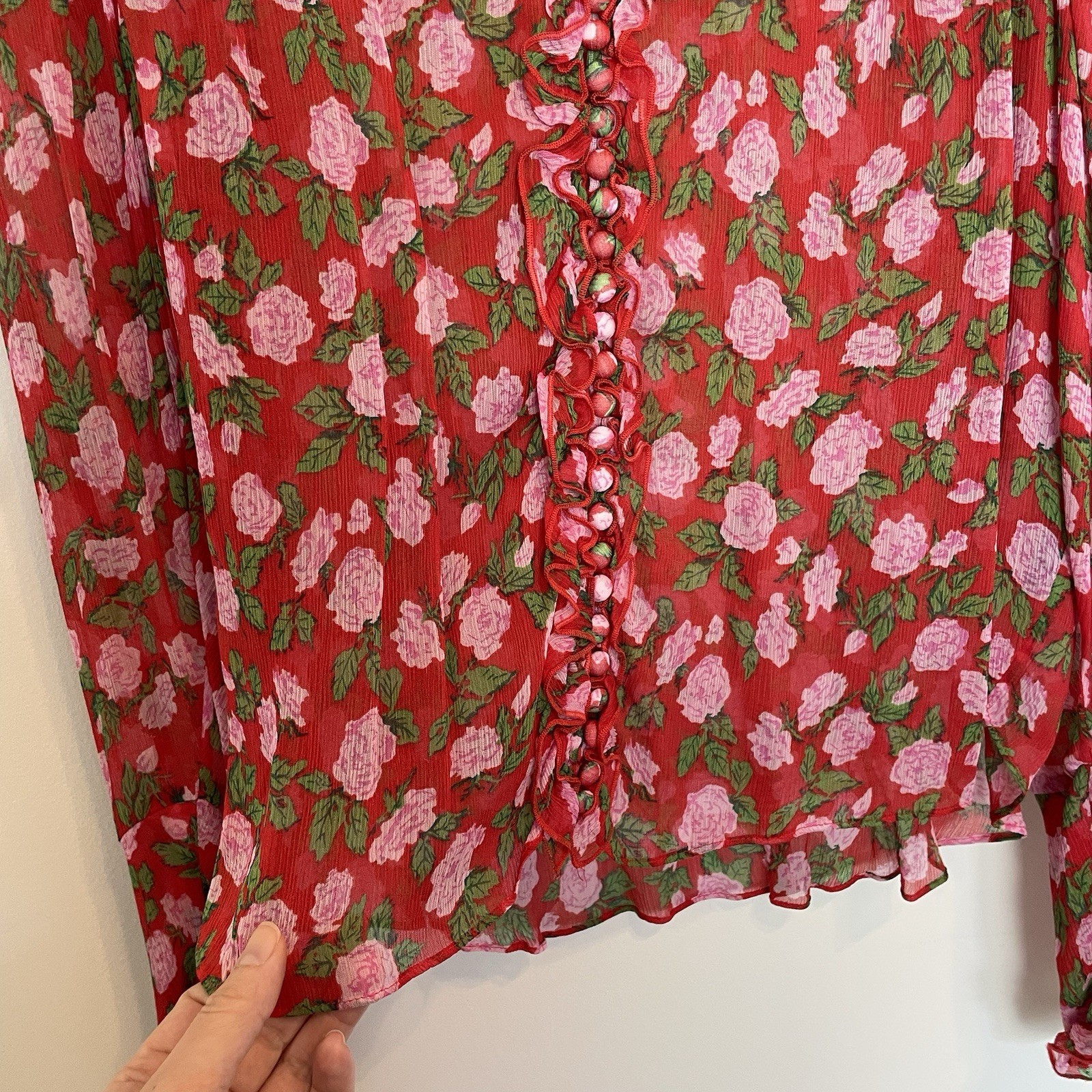THE KOOPLES Floral Rose Button Down Sheer Victorian Blouse Sz 1 S Small Silky
