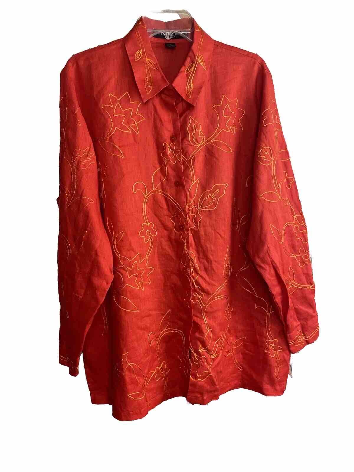 Josephine Chaus Woman Size 16 100% Linen Floral Embroidered Long Sleeve Shirt