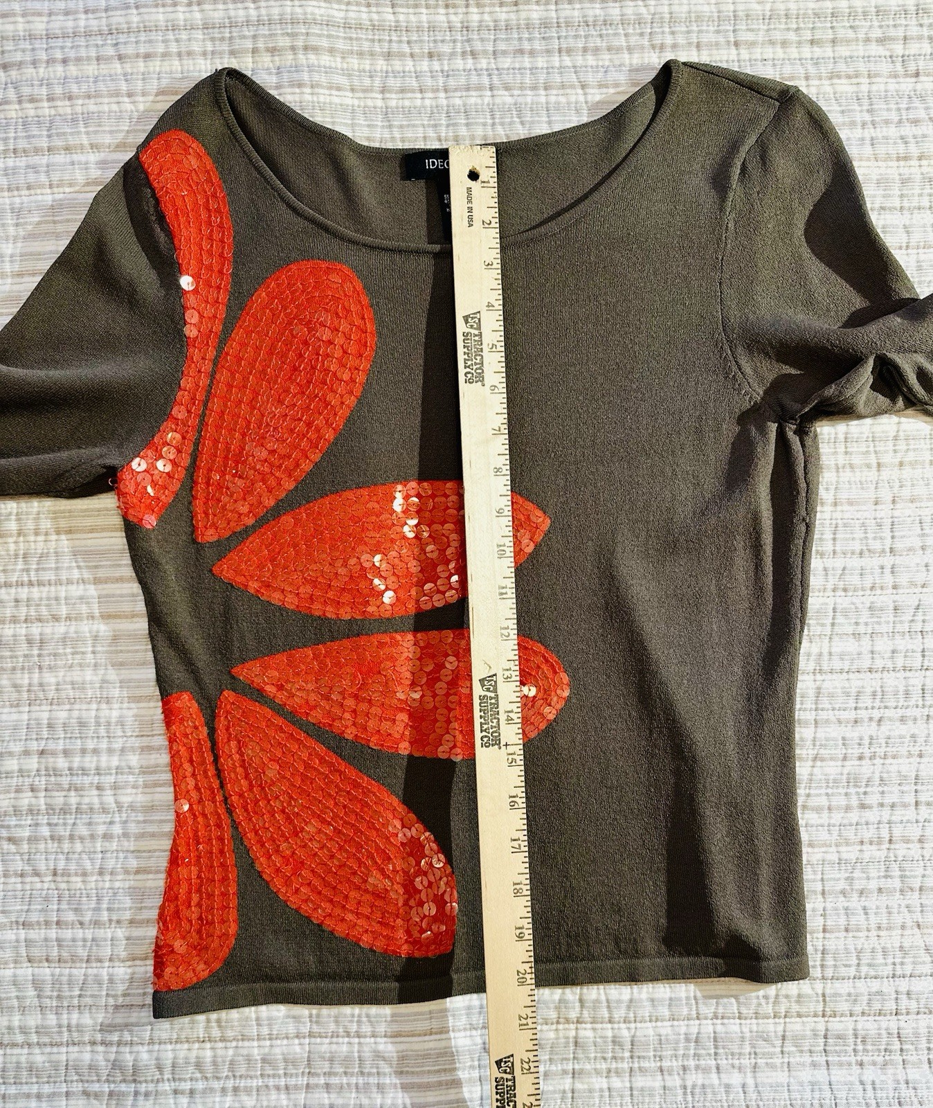 Ideology Women’s Army Green Sequin Floral Long Sleeve Knit Top Size Large L