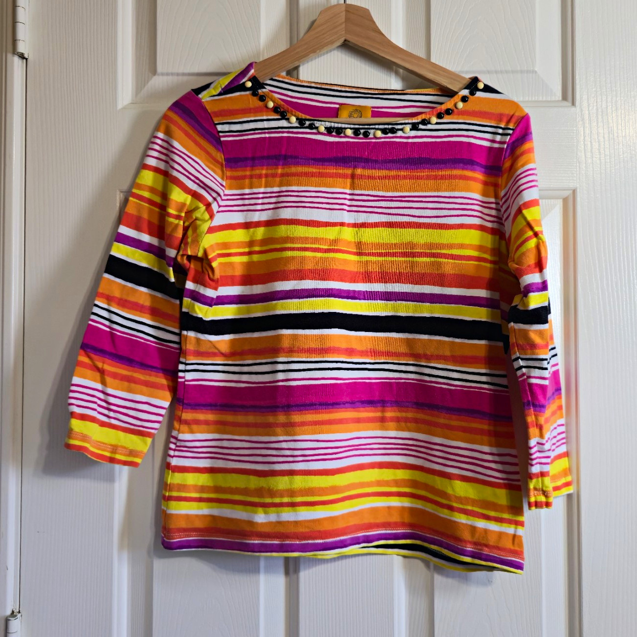Ruby Rd. Women’s Multicolor Striped Knit Boat Neck Beaded 3/4 Sleeve Top S