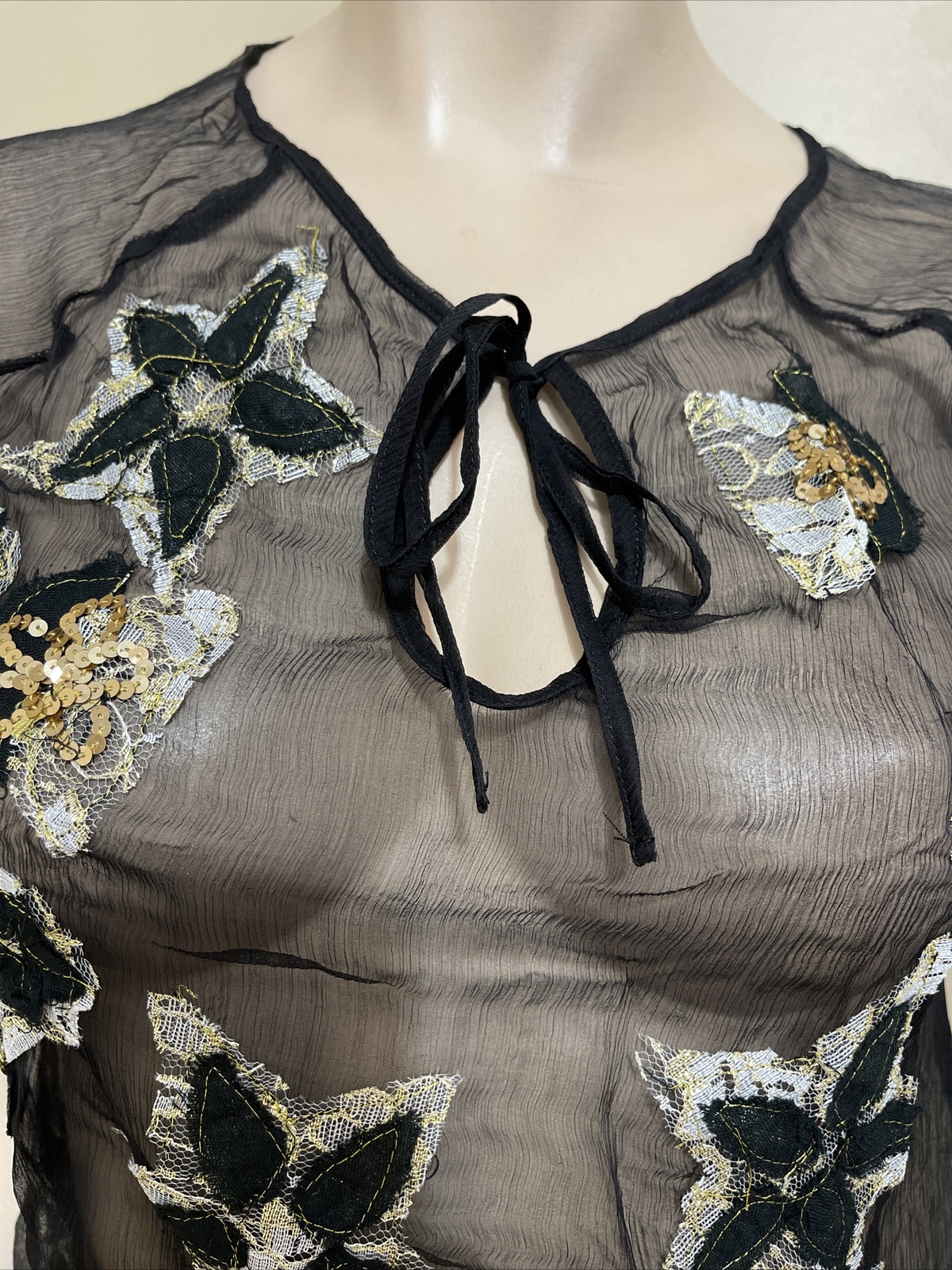 Women’s Black Silk Casual Summer Sheer Beaded Embroidered Lace Size L Blouse Top