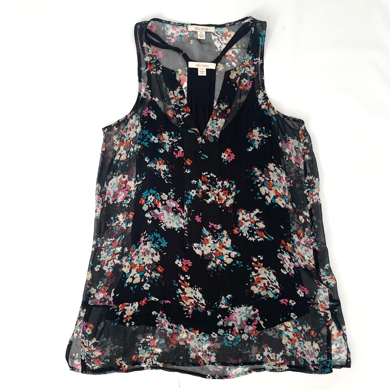 Anthropologie Ella Moss XS Silk Blouse Tank Top Black Floral Sheer Sleeveless