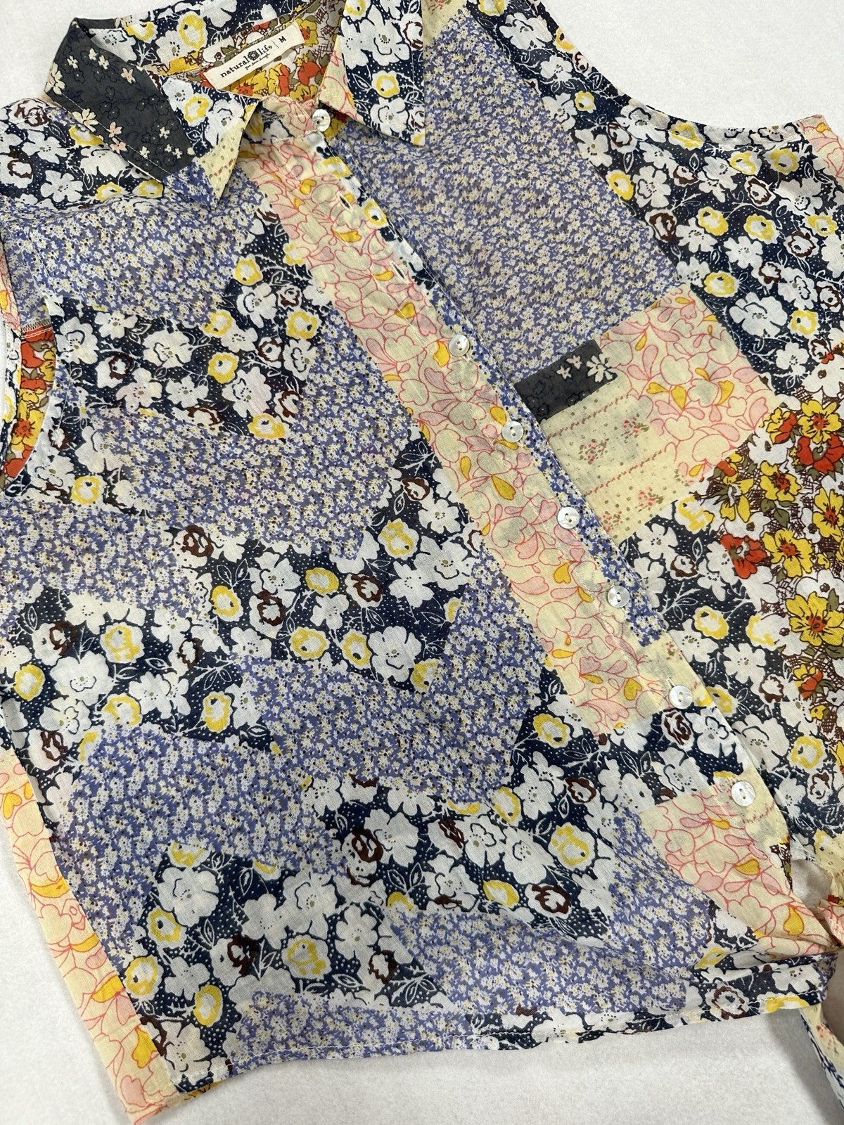 Natural Life Patchwork Button Up Blouse Tie Front Multicolor Floral Womens M