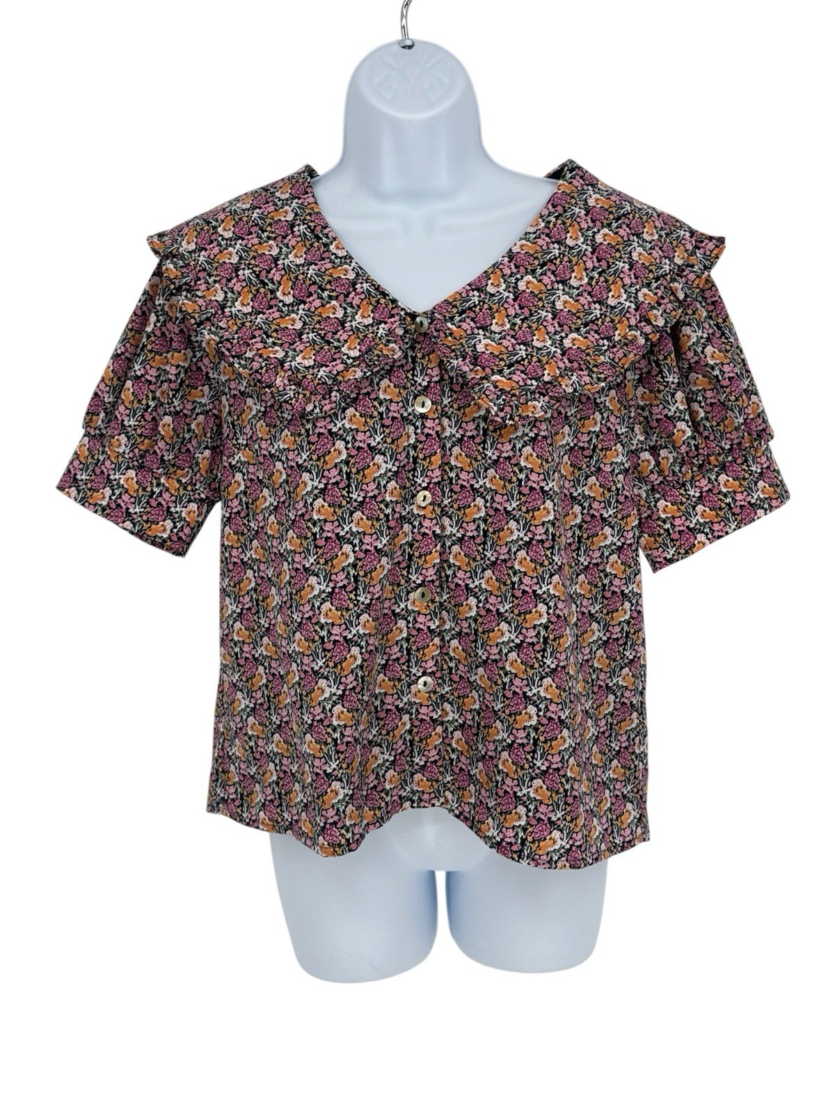NWT Roolee Dainty Floral Ruffle Peter Pan Collar Button V-Neck Puff Blouse Small