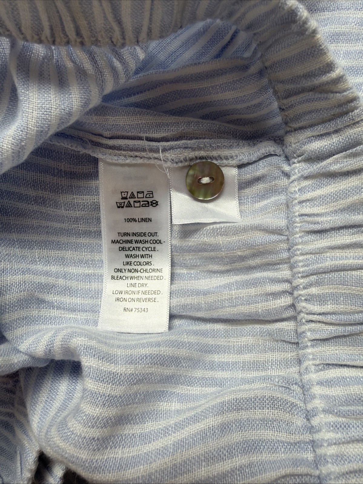 linen blouse white blue striped Crouped Long sleeve Small Size Elastic Waist
