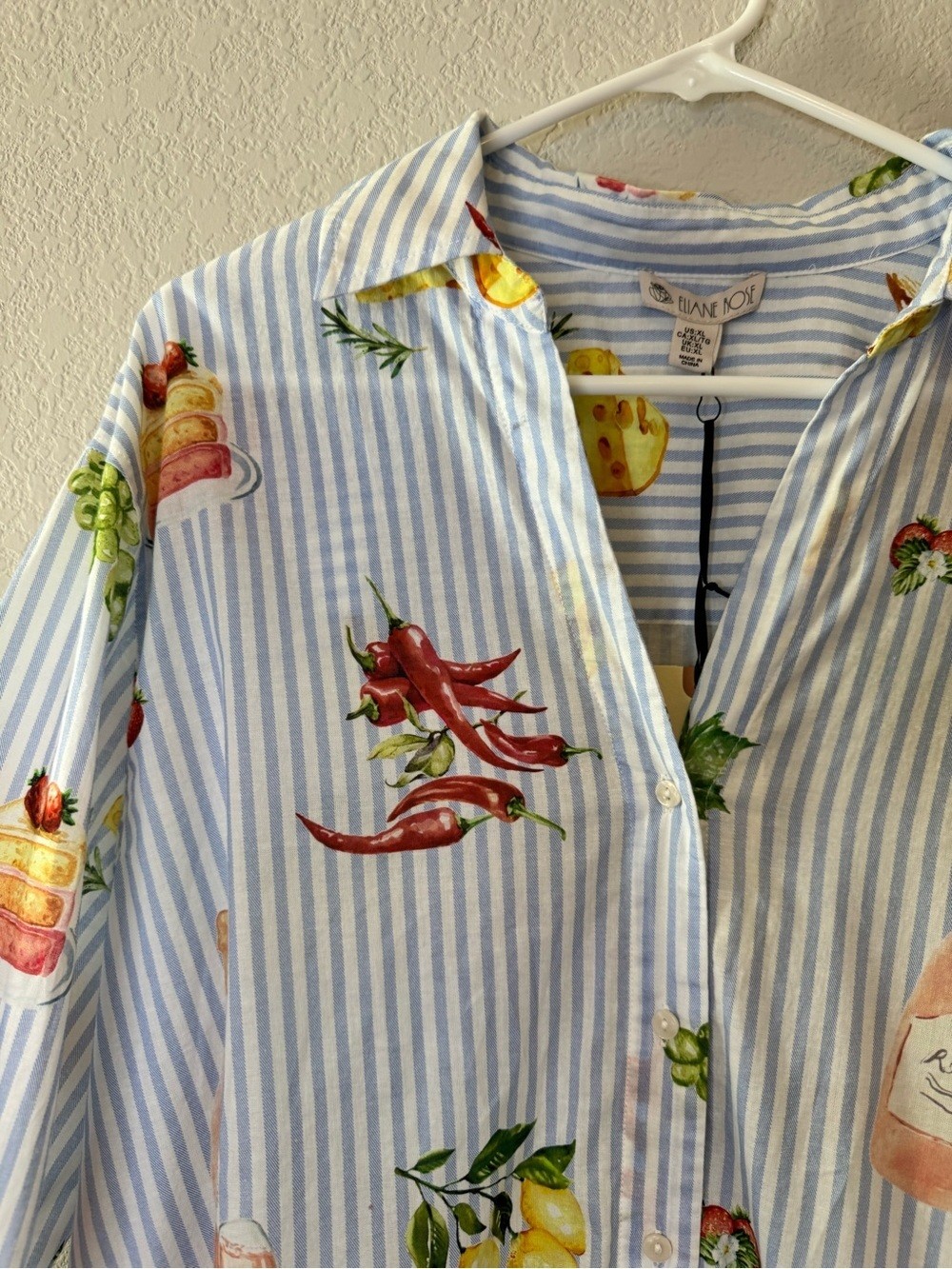 Eliane Rose Novelty Brunch/Food Print Cotton Button Down Shirt Blue Stripe XL