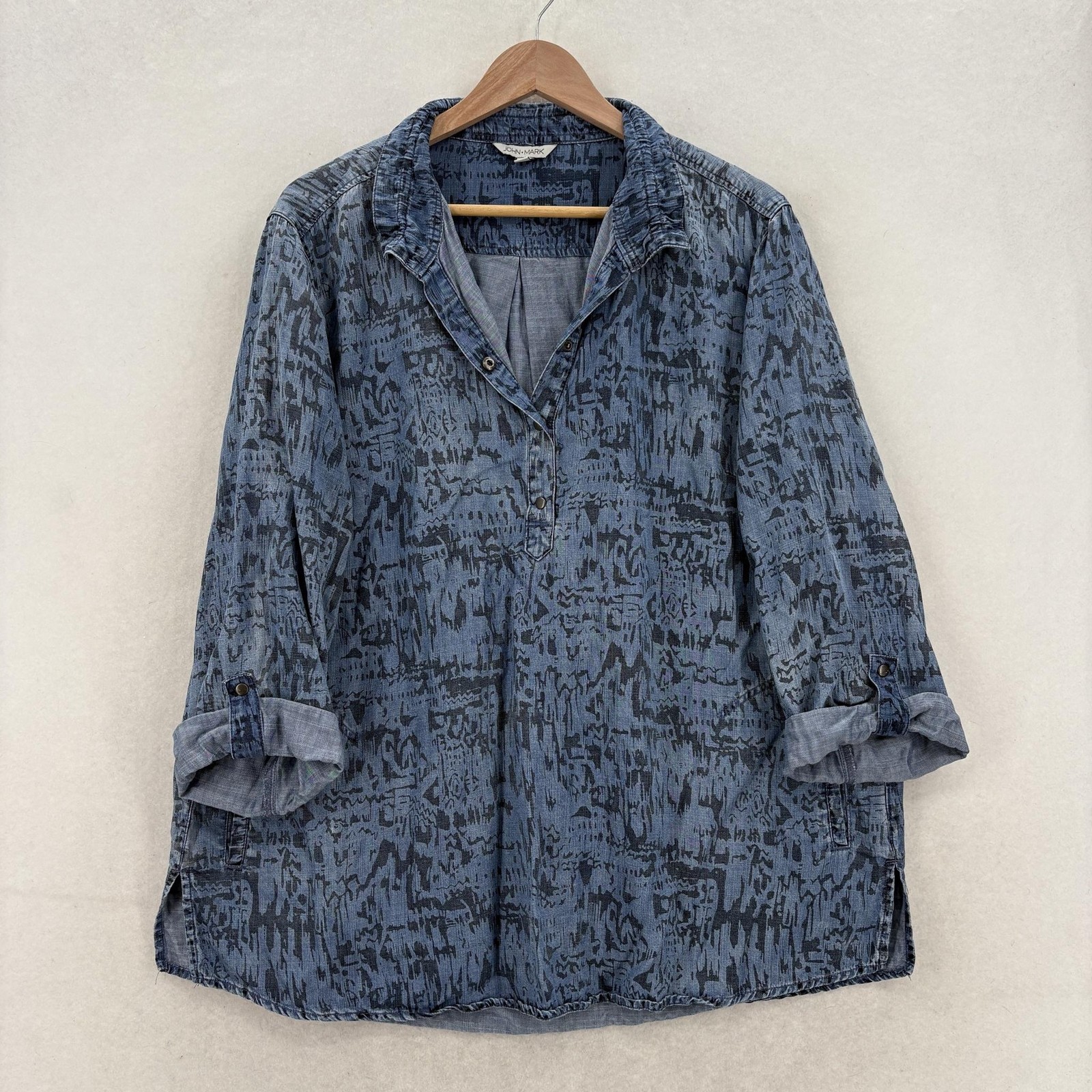 John Mark Blouse Womens Large Blue Lyocell Geometric Print Collared Tunic Top