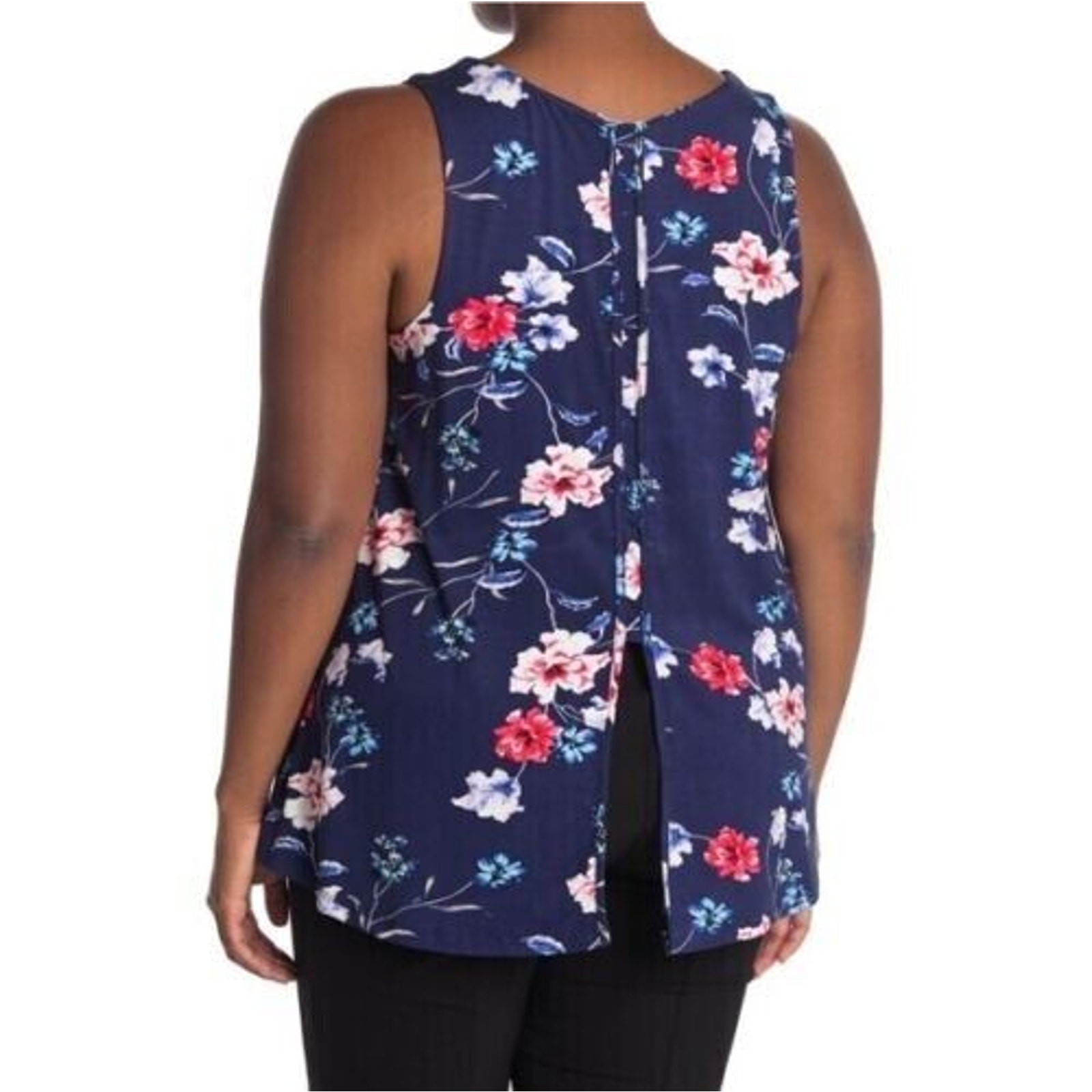 LEMON TART NEW $58 Floral Print Back Slit Lucy Tank in Navy Large