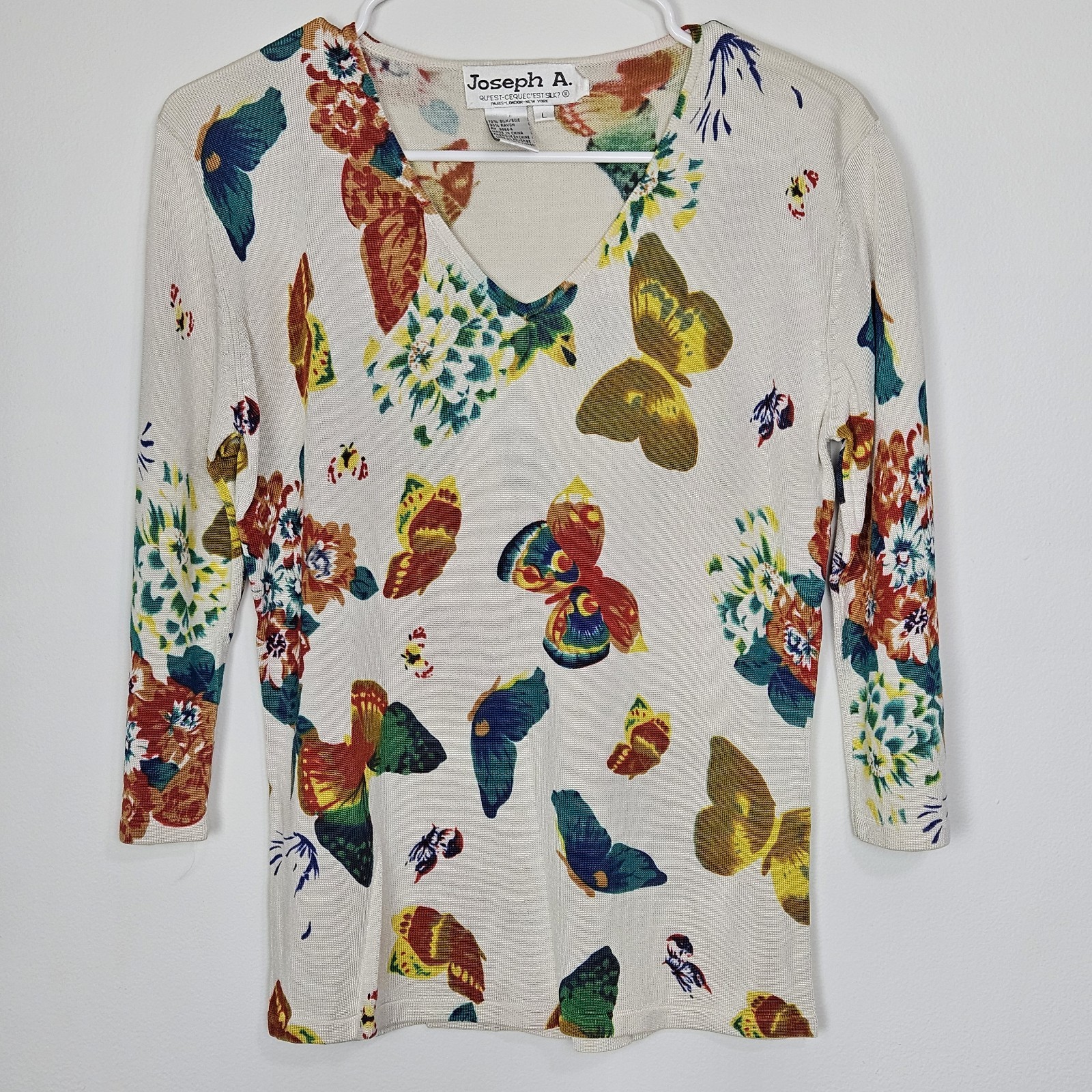 Joseph A Womens Size L Silk Blend Knit Top 3/4 Sleeve Colorful Butterfly READ