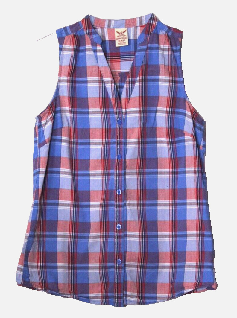 FADED GLORY BLOUSE ladies size S medium blue red white plaid sleeveless cotton