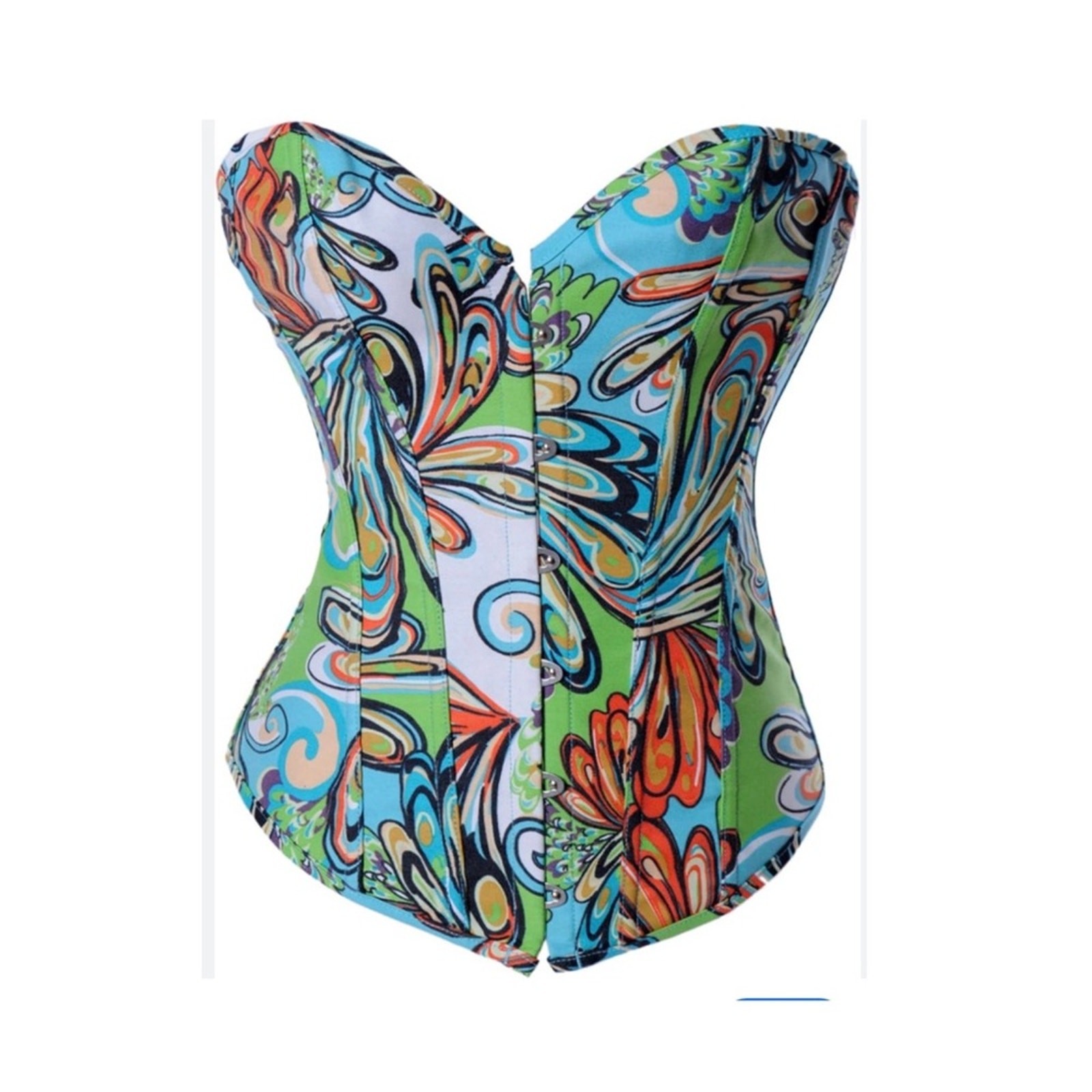 Alivila Retro Inspired Multicolor Printed Denim Lace Up Back Corset Bustier XL