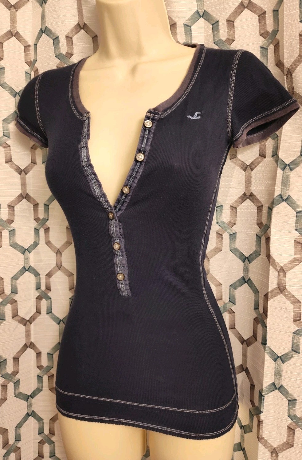 VTG Hollister Womens Y2K Cap Sleeve Button Up Shirt Size Small Blue Bella Swan