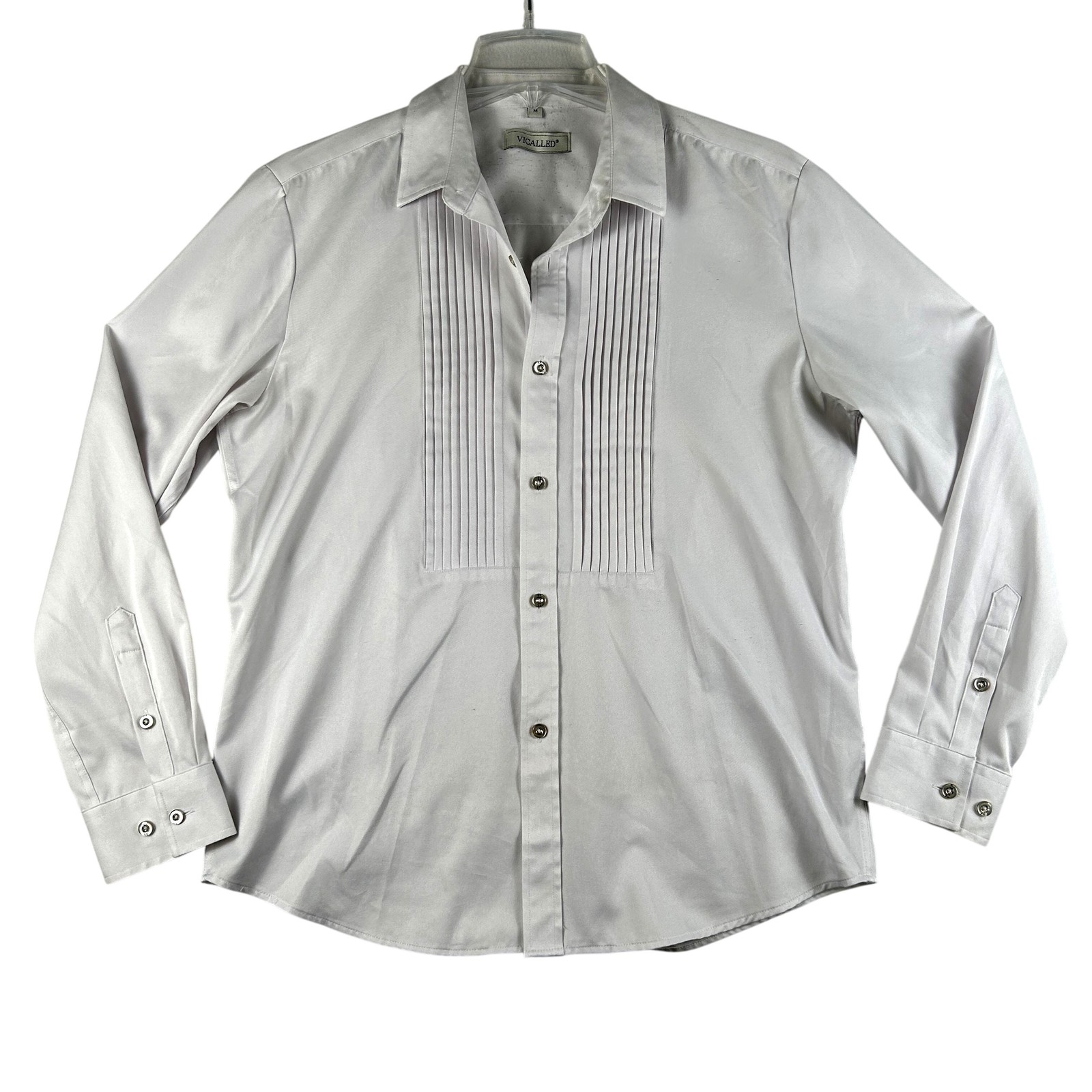 VICALLED Button Up Shirt Womens Medium White Pleated Tuxedo Bib Long Sleeve Top