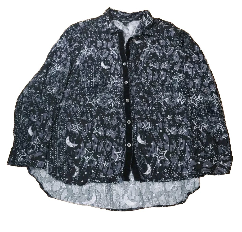 Y2k Rock Republic Shooting Star Shirt XL Black Boho Moon Celestial V-Neck Button