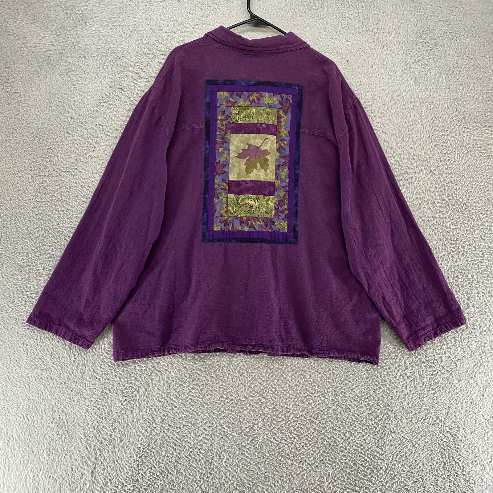 Brie Kriebel Shirt Womens 2XL Purple Quilted Leaf Patchwork Art Top Cotton