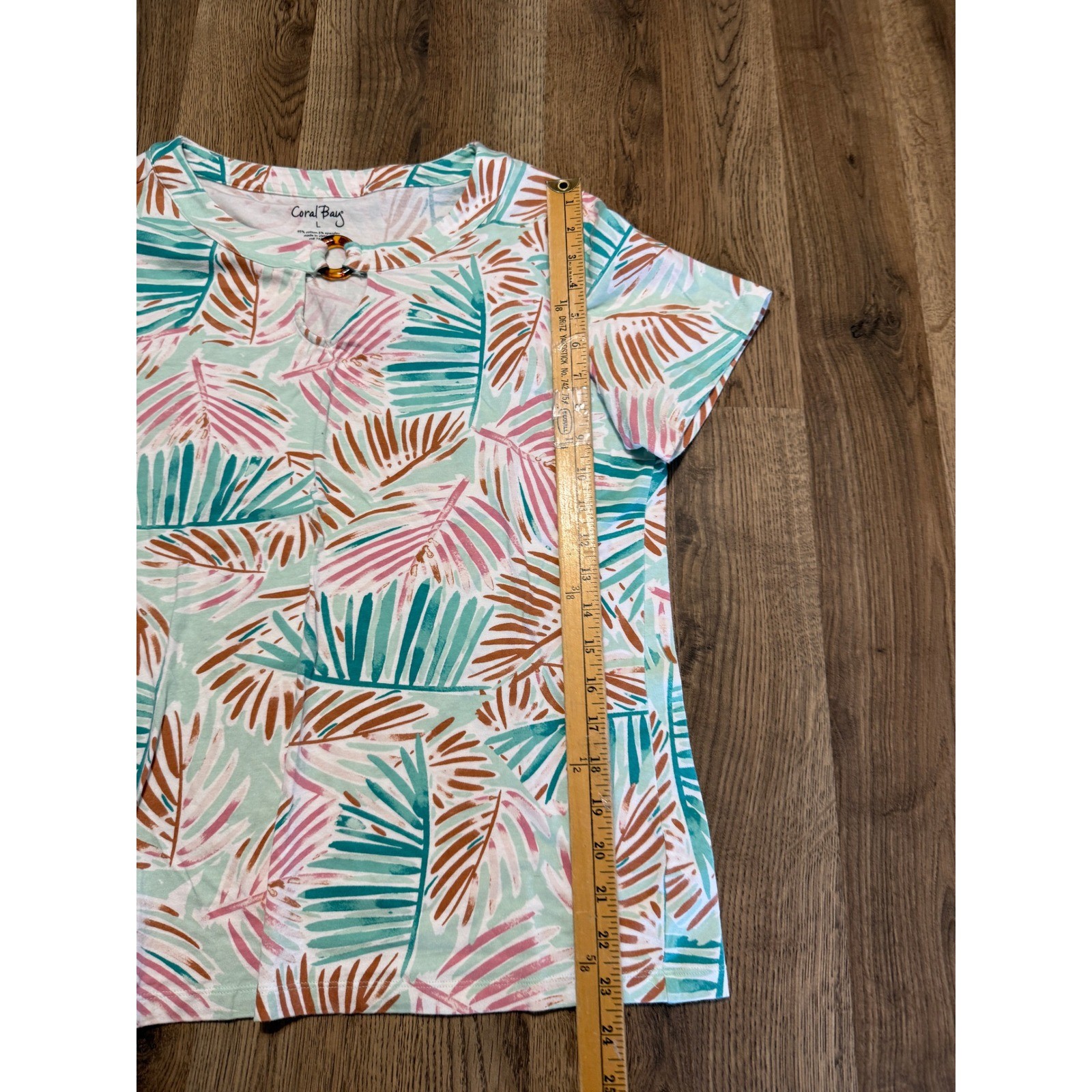 Coral Bay Womens Large Tropical Palm Leaf Keyhole Top Teal Pink Short Sleeve L