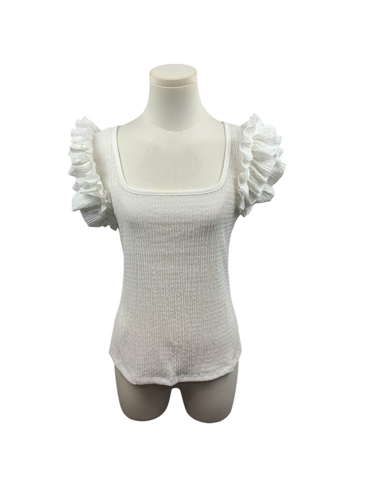 Womens White Ruffle Sleeve Smocked Top S