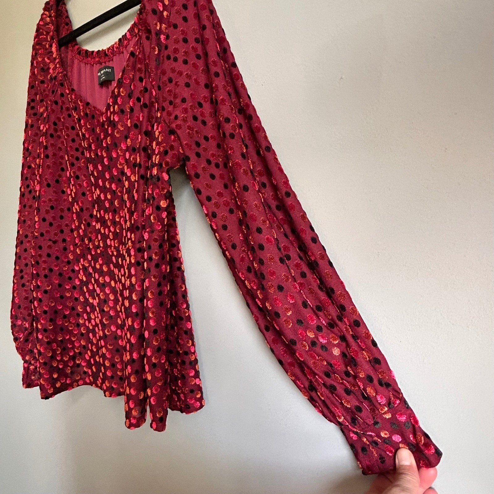 Lane Bryant Velvet Flocked Polka Dot Blouse Red Square Neck Bishop Sleeve 14/16