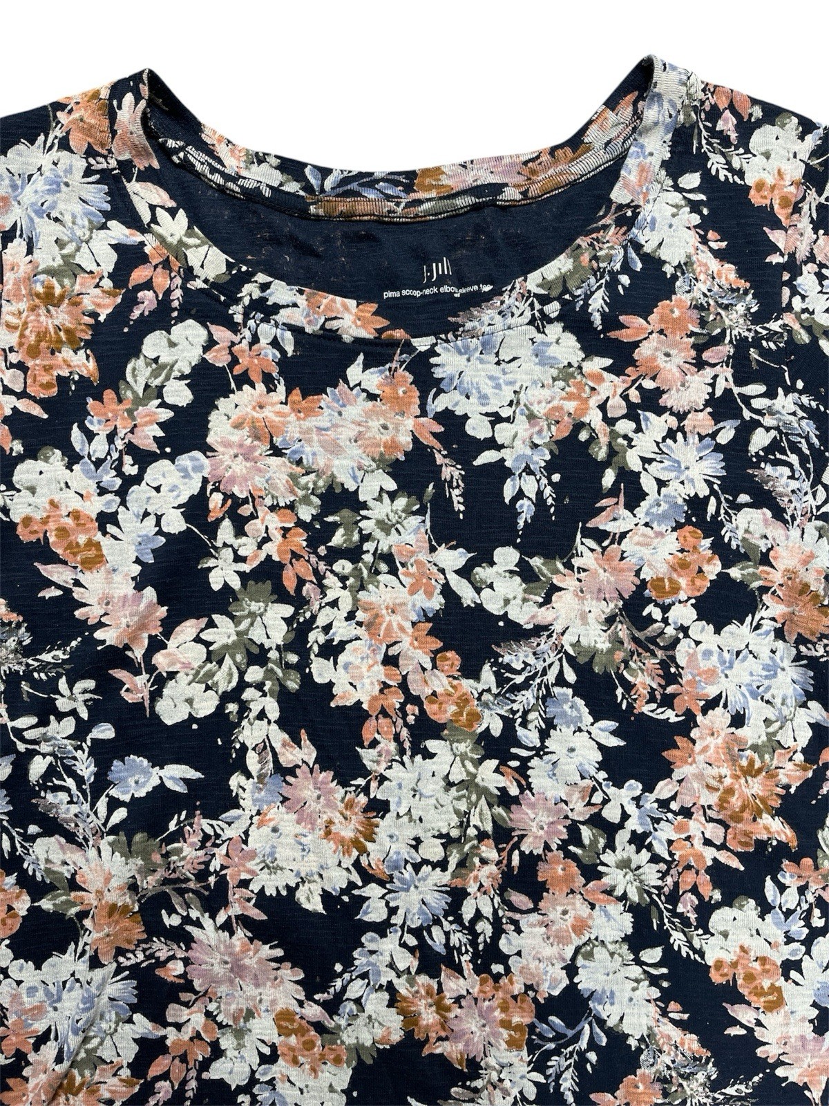 J.Jill Pima Scoop Neck Elbow Sleeve Tee Navy Floral 100% Pima Cotton Medium