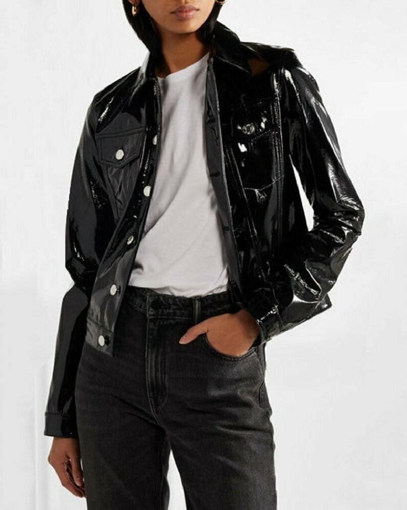 Vinyl Trucker Jacket Black/Red PVC Women’s Shiny PVC Vinyl Jacket/USA Seller