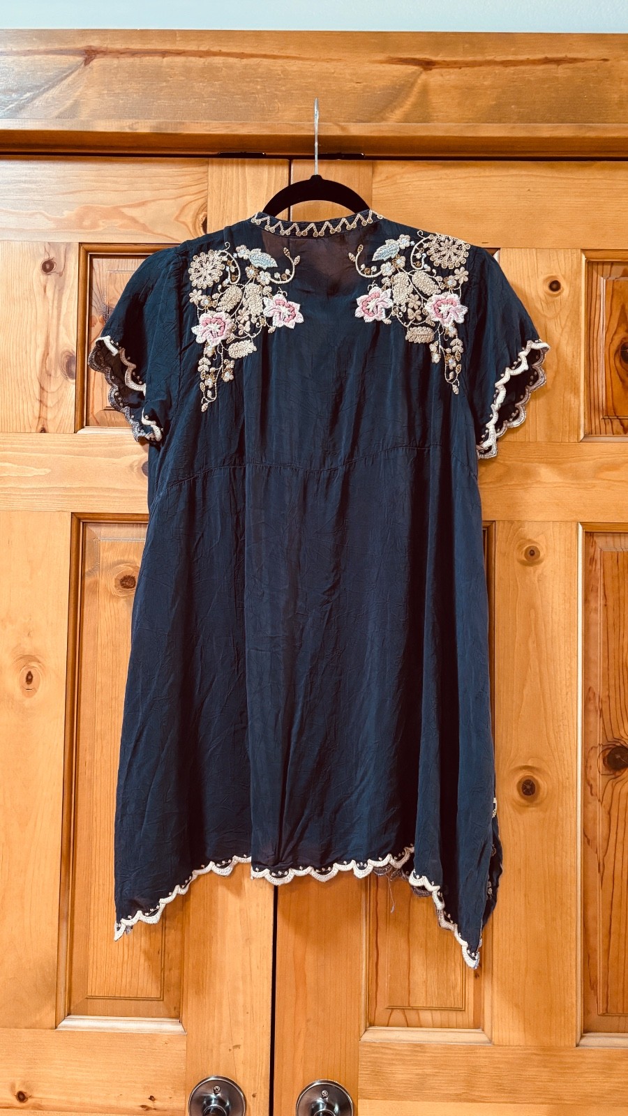 Johnny Was Charcoal Gray Embroidered Talum Tunic 3/4 Slv Silk Blend Boho S