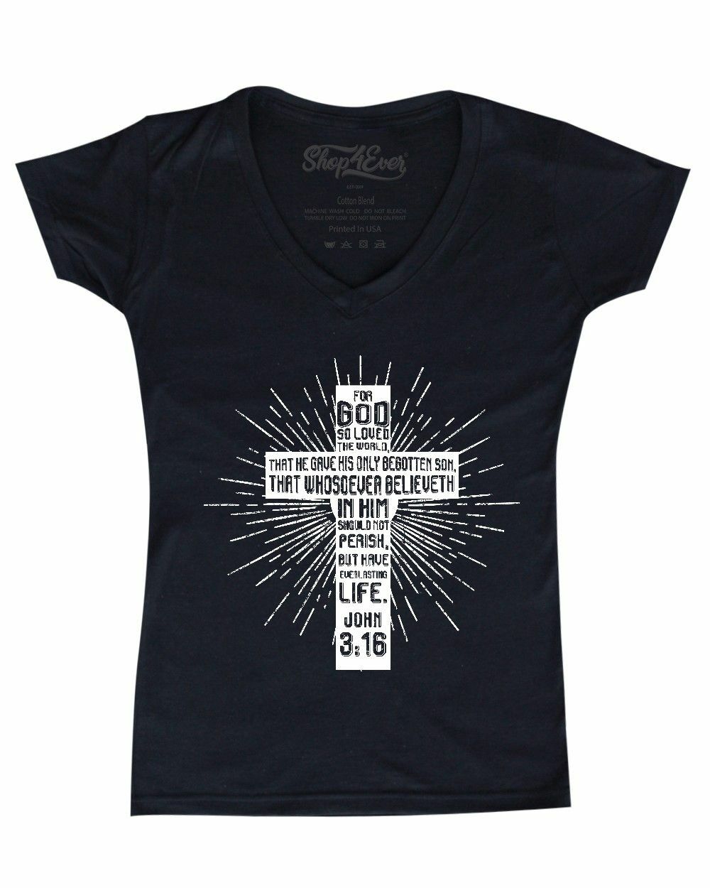 John 3:16 Bible Verse Cross Women’s V-Neck T-shirt Christian Jesus Gospel Tee