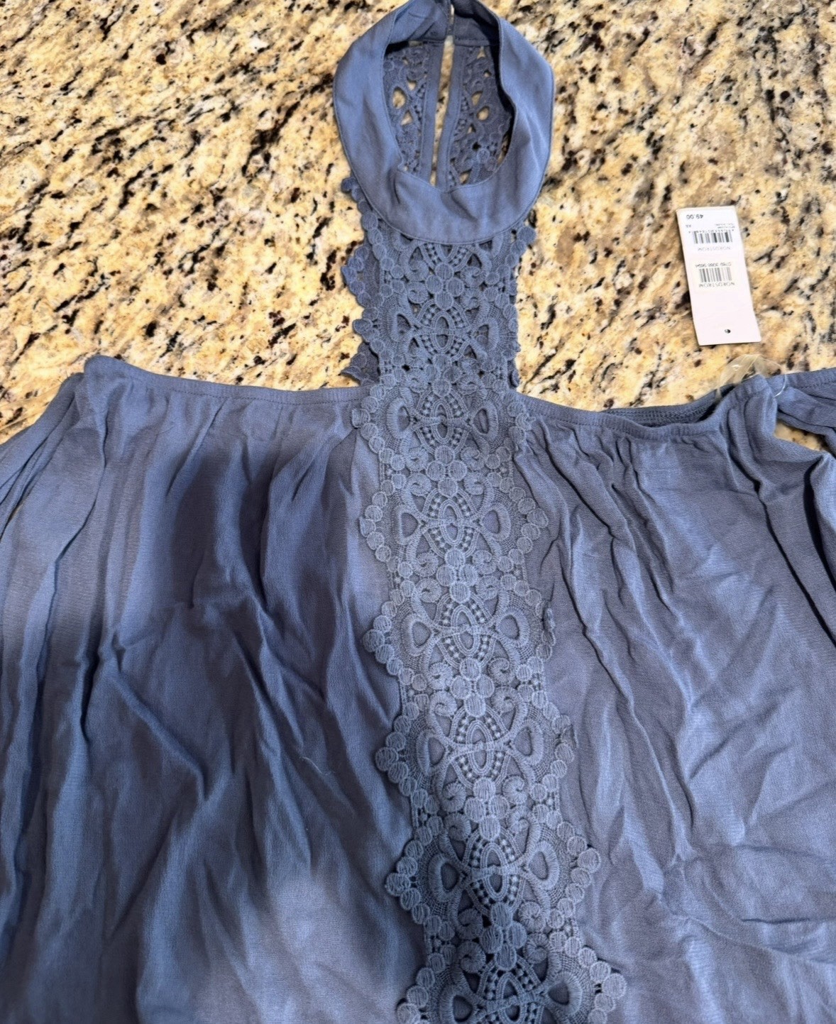 NWT BP Dusty Blue Boho Lace Bell Sleeve Off Shoulder Top | 70s Romantic