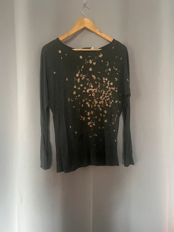 Mint Velvet Dark Green Metallic Foil Print Long Sleeve Top UK S