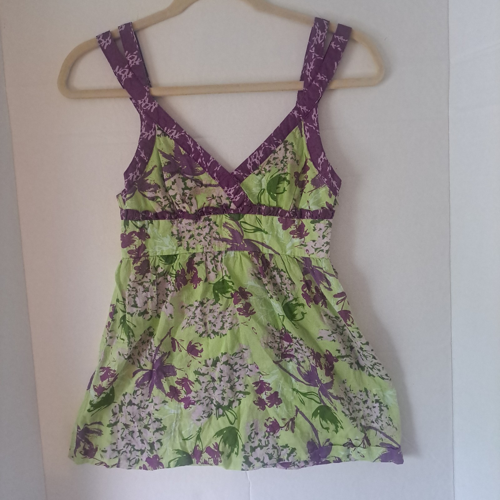 Kensie Y2K Green & Purple Floral Babydoll Top Criss Cross Straps Side Zip Sz XS