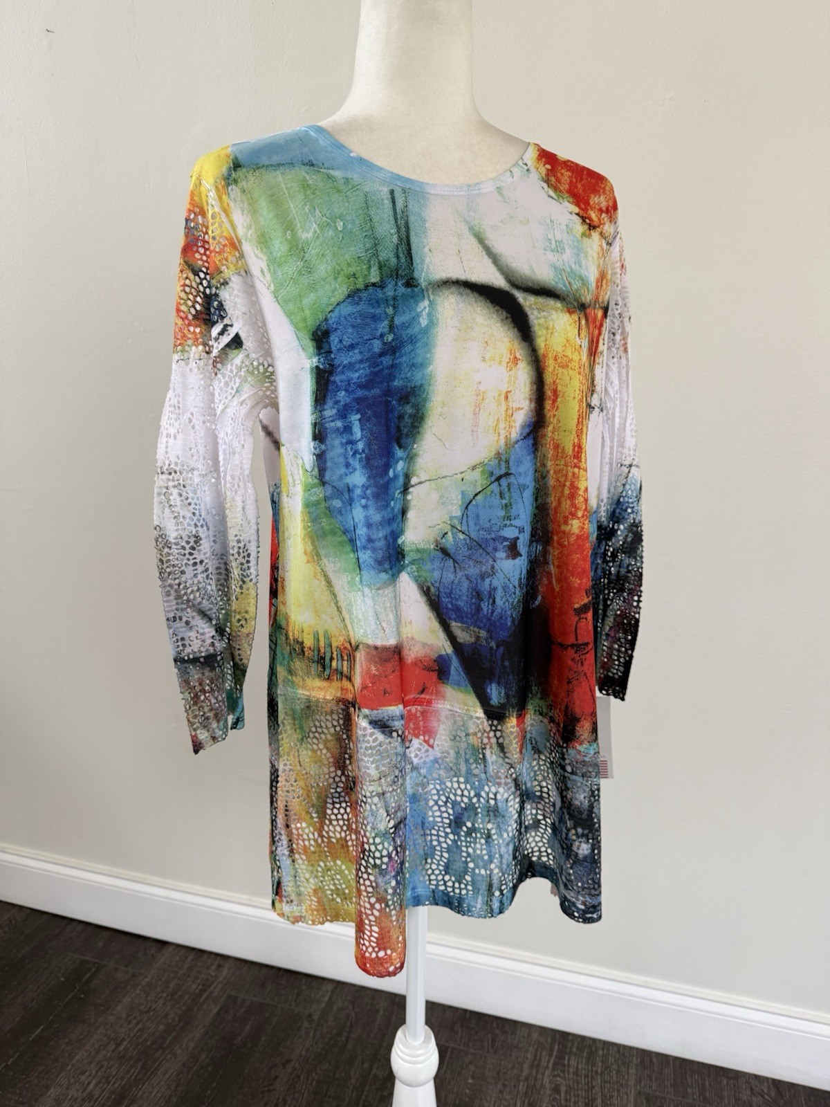 Talk Of The Walk Women’s Picasso Crochet Mesh Multicolor Artsy Tunic Top Sz M