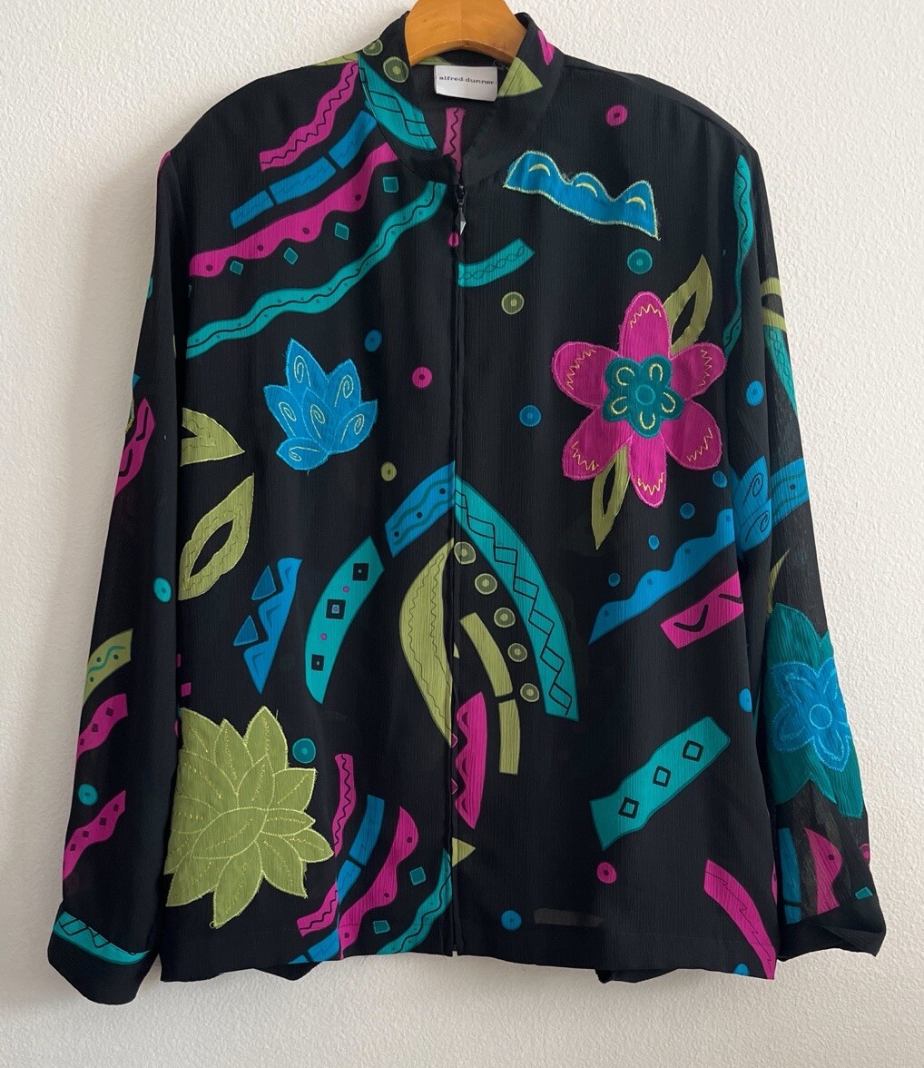 Alfred Dunner Vintage Top Women Sz L (missing Size tag)Black Floral Boho Zip Up