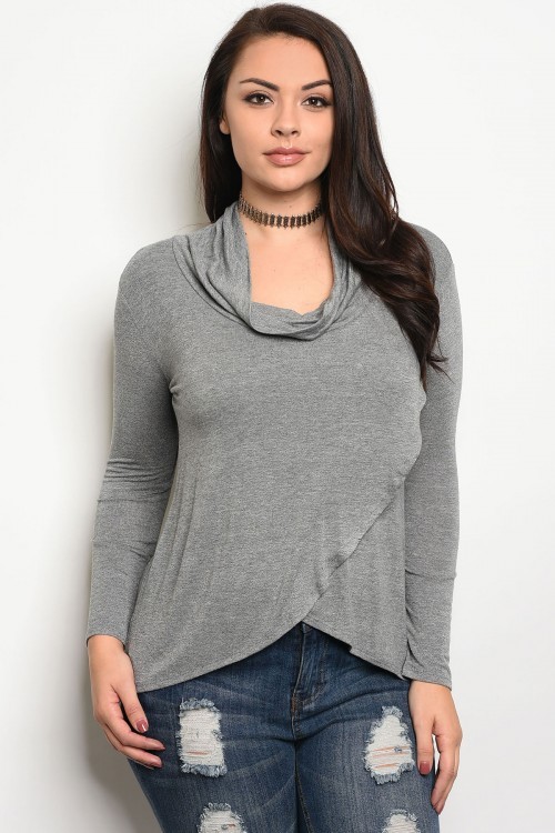 Women Plus Size Gray Stretch Cowl Neck Tulip Front Knit Blouse Sweater Shirt