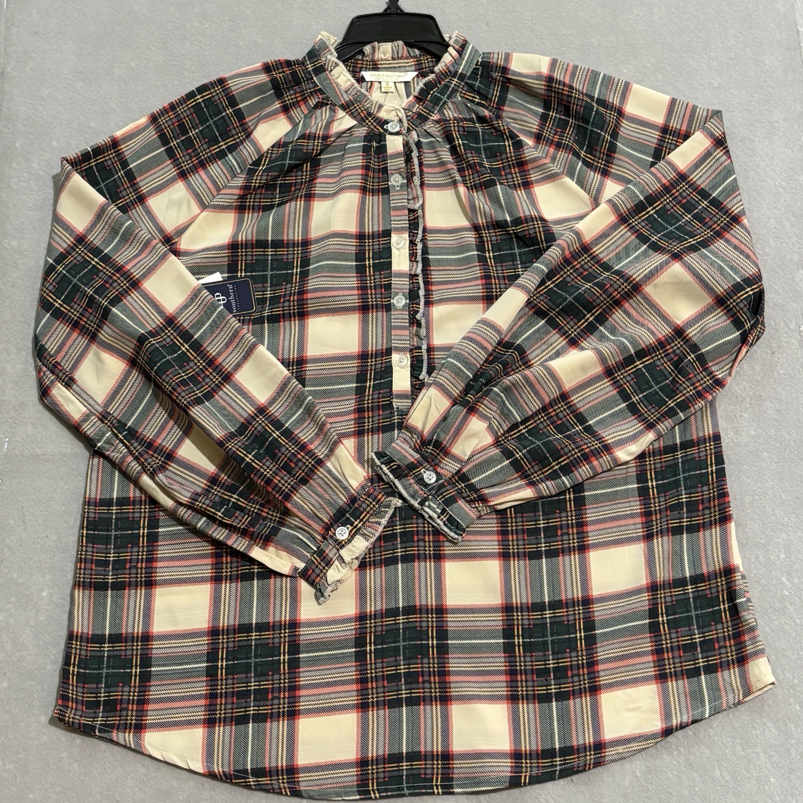 SIMPLY SOUTHERN Blouse Women Sz S Tan Tartan Plaid Ruffled Charming Lagenlook
