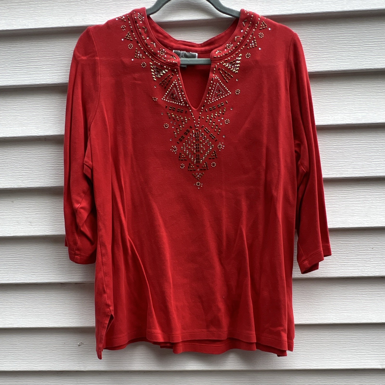 JM Collection Red Solid Studded V-Neck 3/4 Sleeve Pullover Top Size 1X