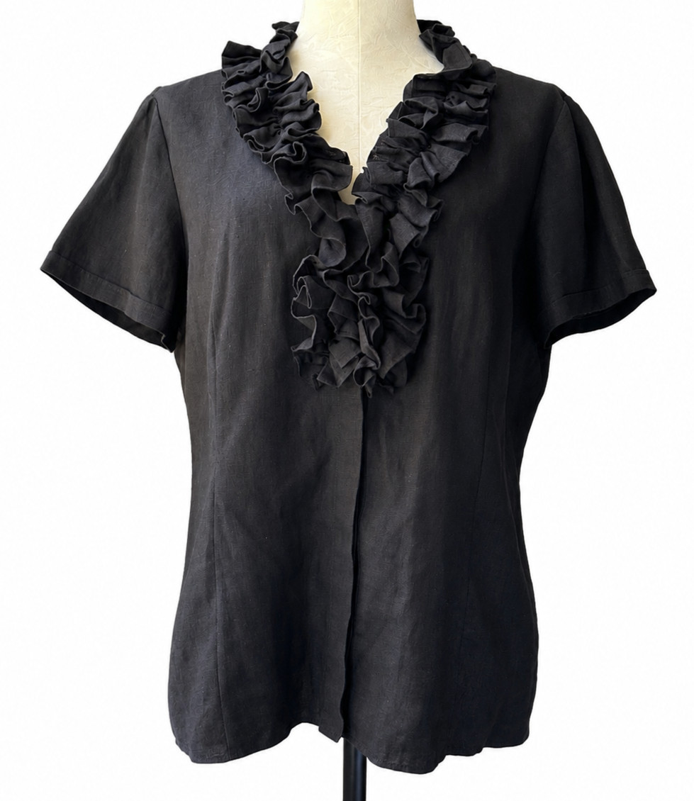 Lafayette 148 New York Black 100% Linen Ruffle Front Blouse Size 12
