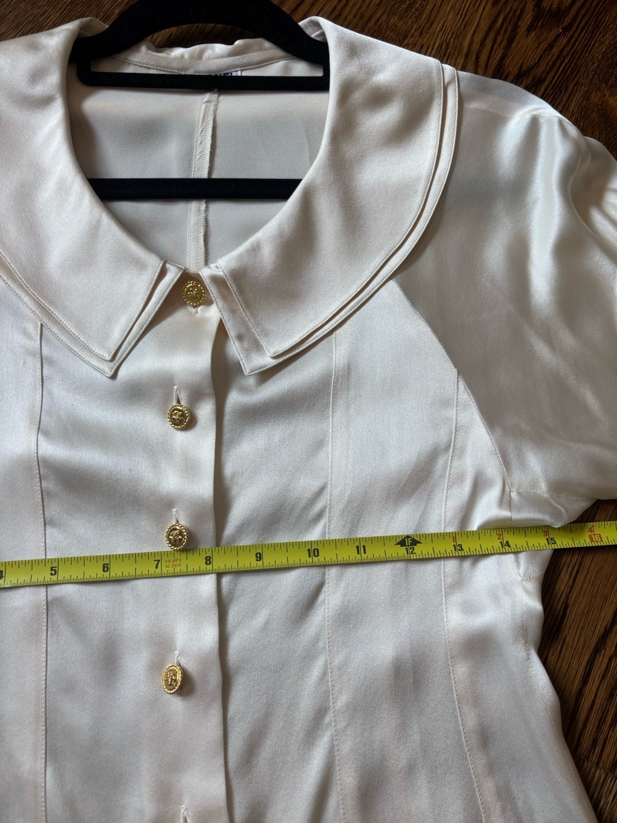 Chanel Vintage Silk Cream Blouse Gold Button Front Double Collar Old Money Vibe