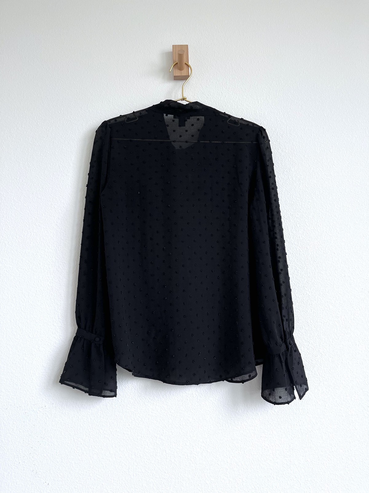 Ann Taylor Sheer Clip-Dot Ruffle Tie-Neck Blouse – Black – Size XS