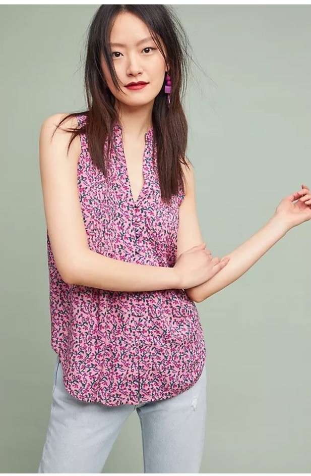 Anthropologie Maeve Petunia Pintuck Pleat Blouse Purple Pink Floral Tank Small
