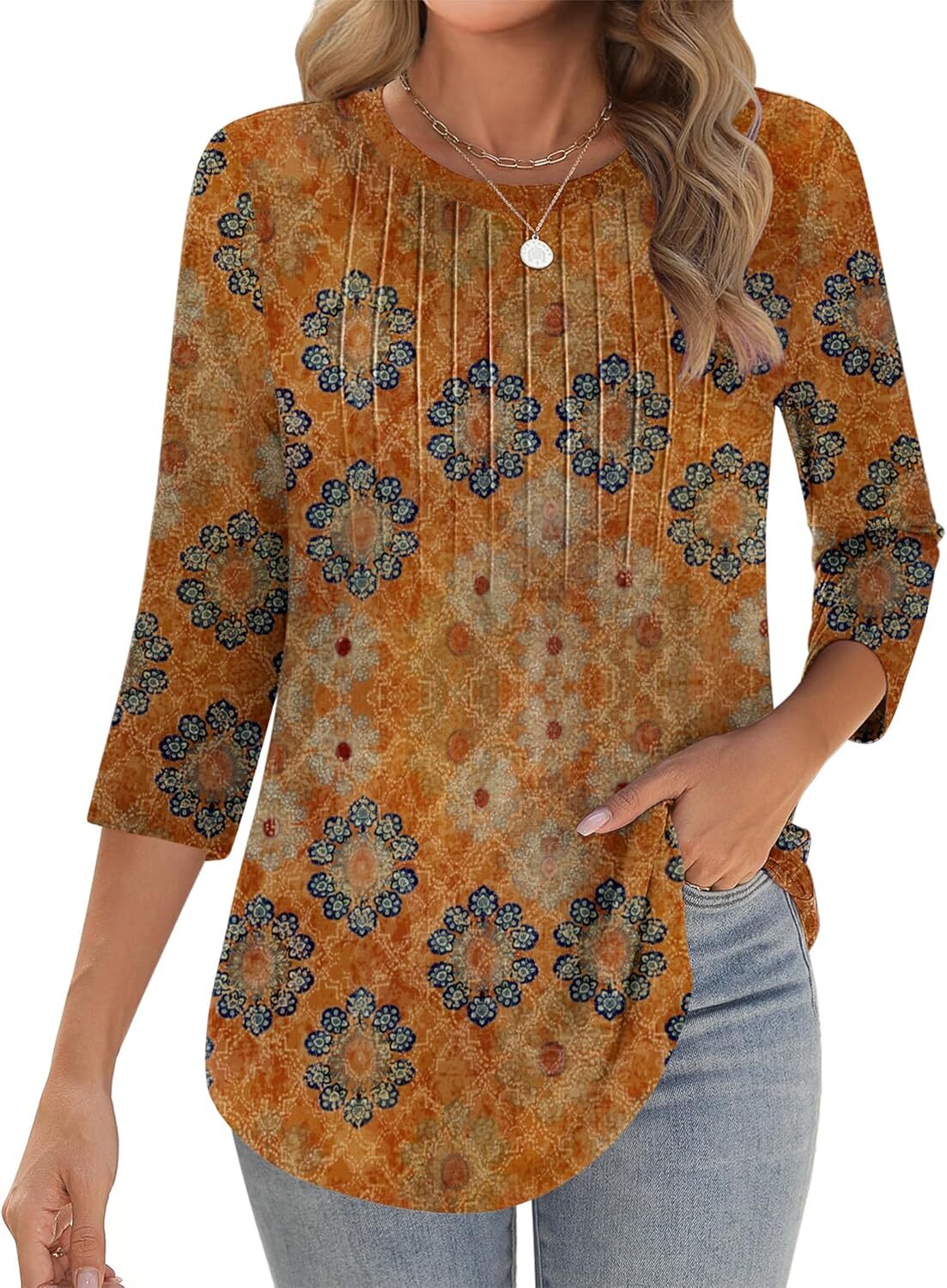 Womens 3/4 Sleeve Tunic Top Loose Fit Pleated Crew Neck Summer Casual Blouse
