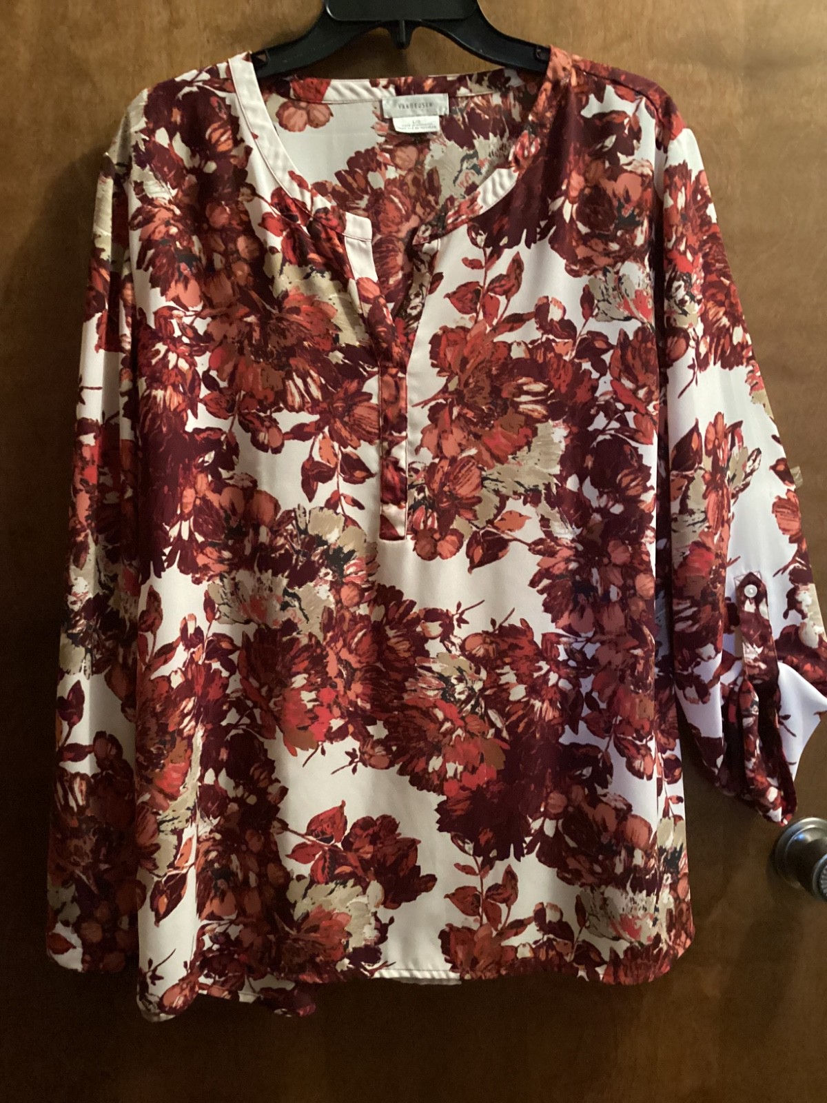 FALL Van Heusen L/XL Tunic Top Floral Leaves Burgandy Orange Brown Adjust Tabs